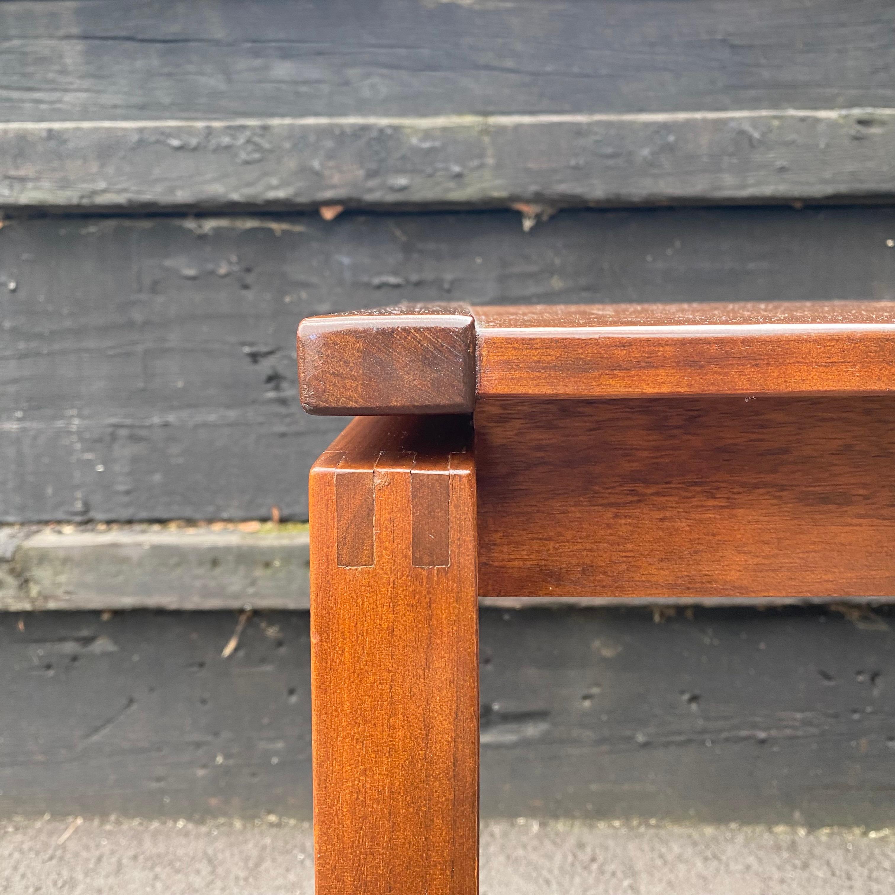 This is a very nice walnut sofa or console table designed by Jens Risom for his company, circa 1960s. It would be perfect as a tv stand or for behind the sofa.

Condition: This piece shows wear. I cleaned and polished it and it cleaned up really
