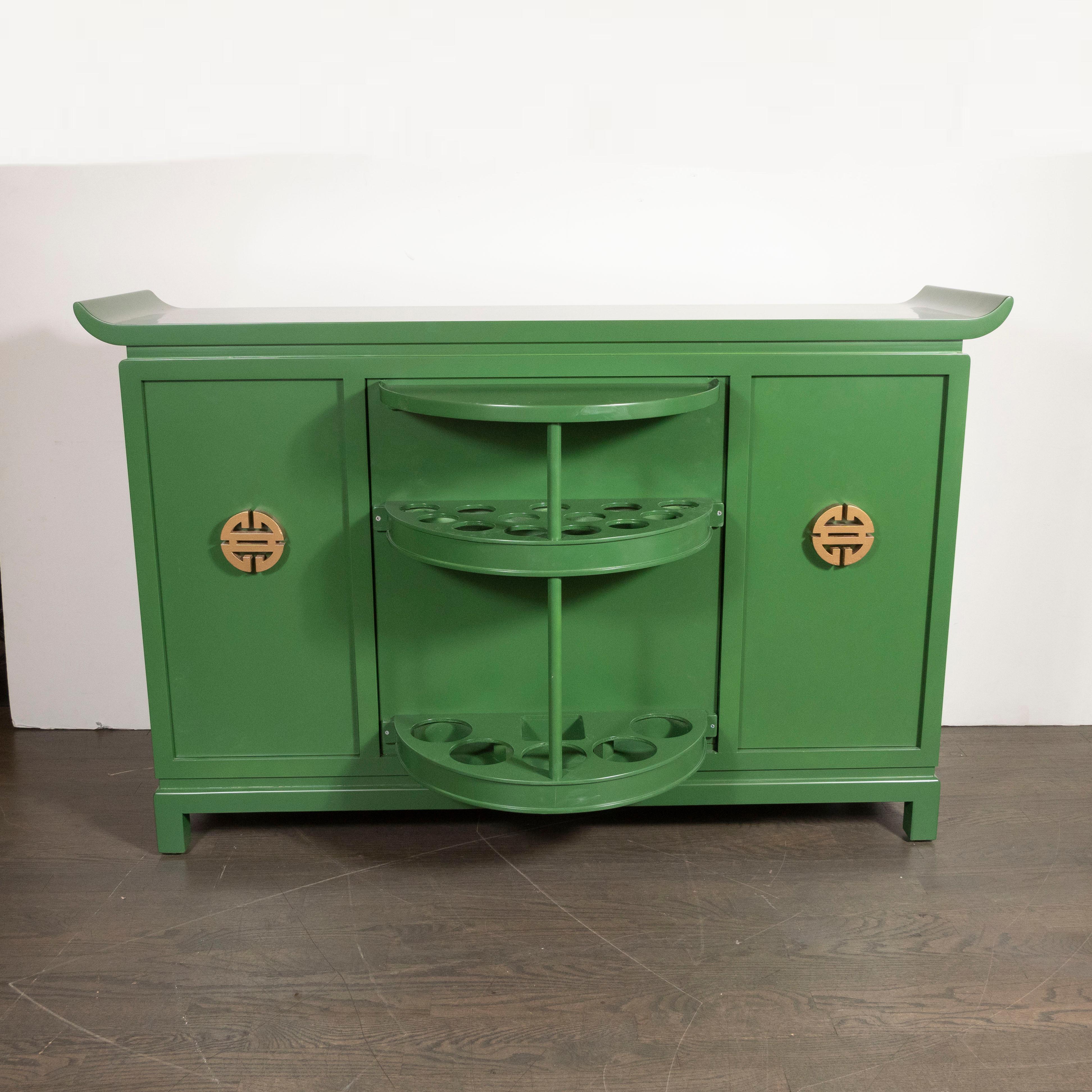 Mid-Century Modern Kelly Green Dry Bar/Sideboard W/ Gilt Pulls Signed James Mont 9