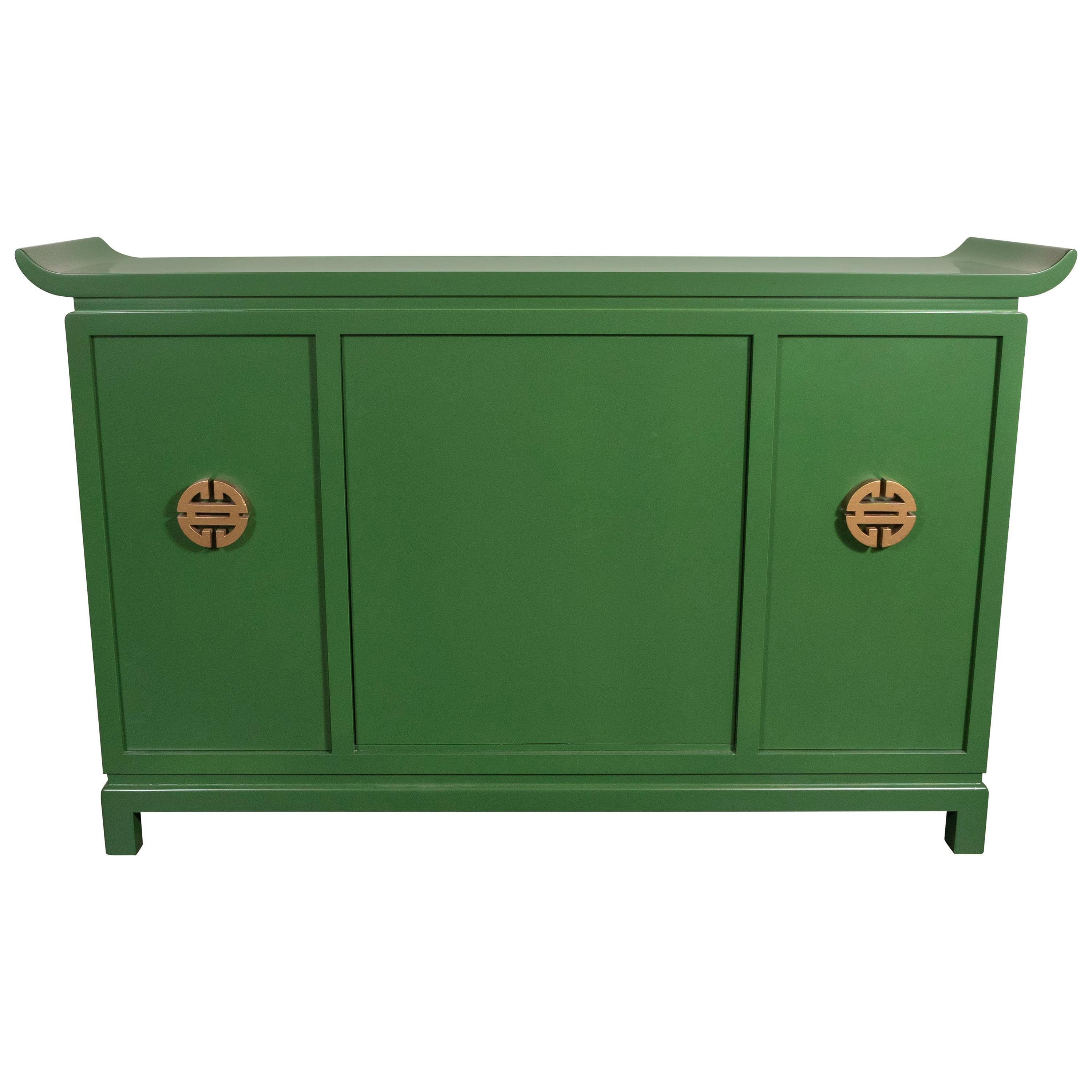 Mid-Century Modern Kelly Green Dry Bar/Sideboard W/ Gilt Pulls Signed James Mont