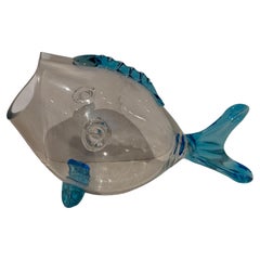 Midcentury Modern Large Clear Glass & Blue Accents Fish Vase by Blenko