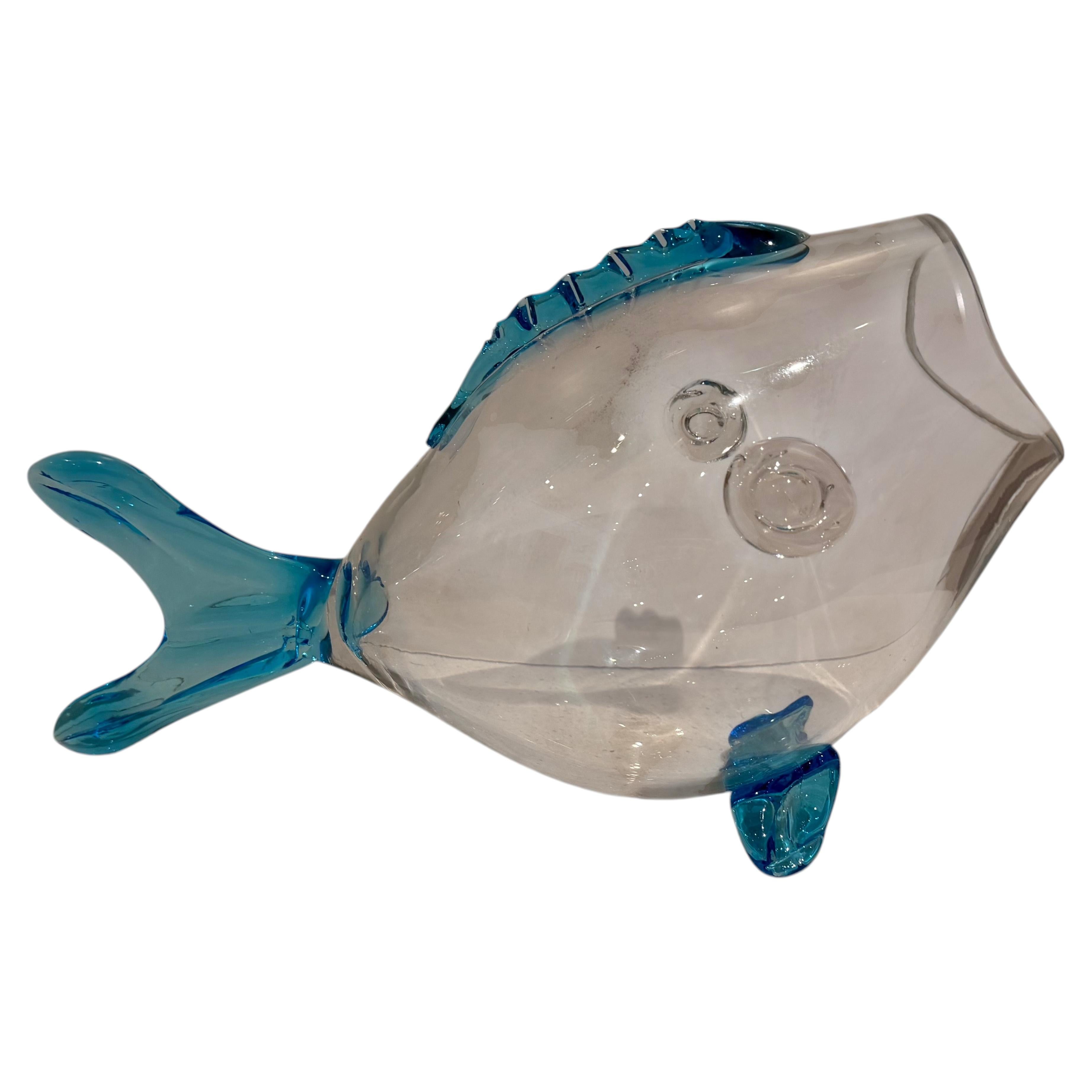 Vase à poissons en verre clair et accents bleus de Blenko, moderne du milieu du siècle dernier