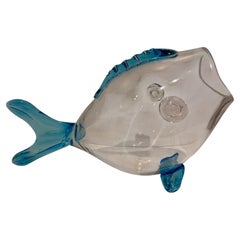 Midcentury Modern Large Clear Glass & Blue Accents Fish Vase by Blenko