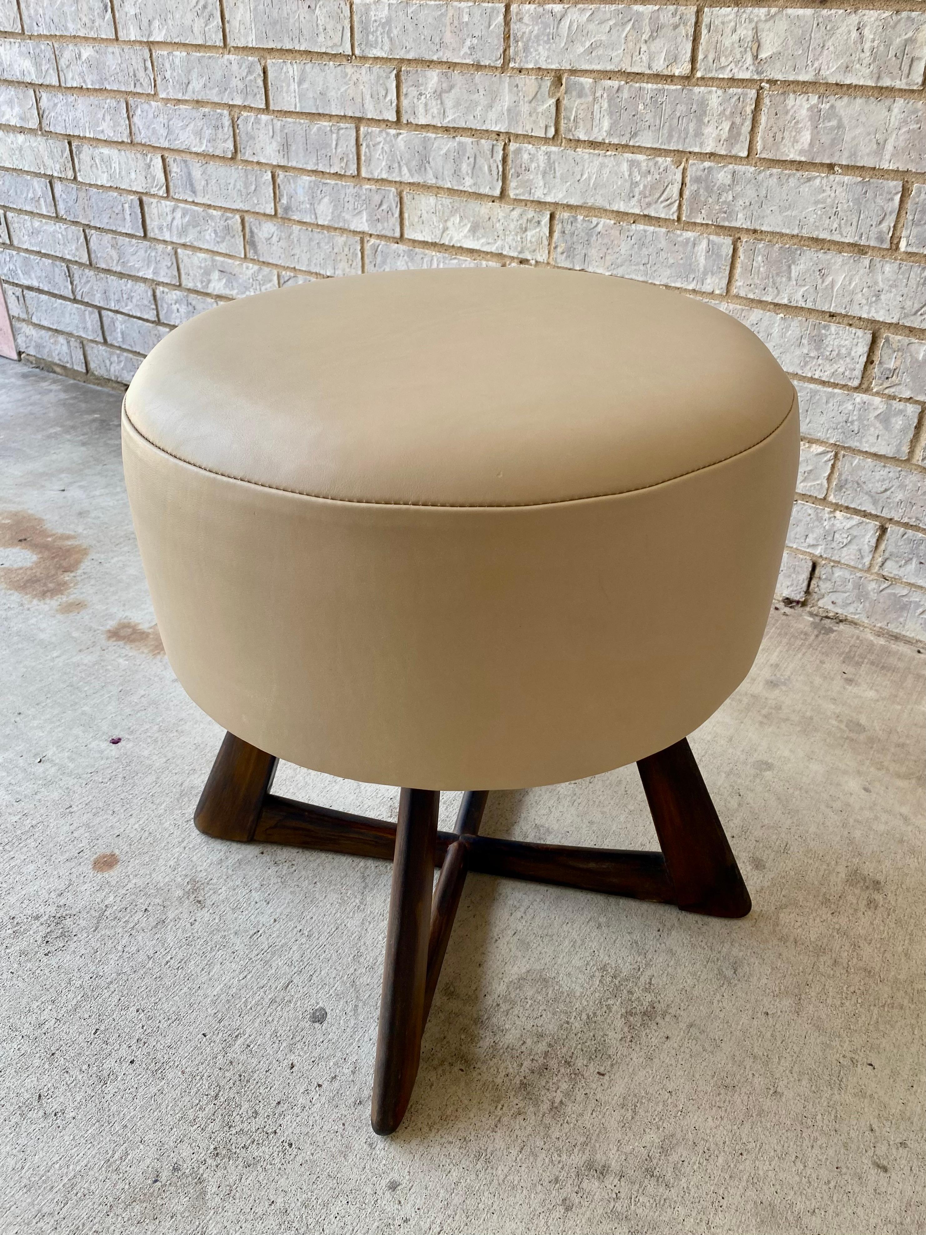 Hand-Crafted Midcentury Modern Leather Reupholstered Heywood Wakefield Swivel Stool