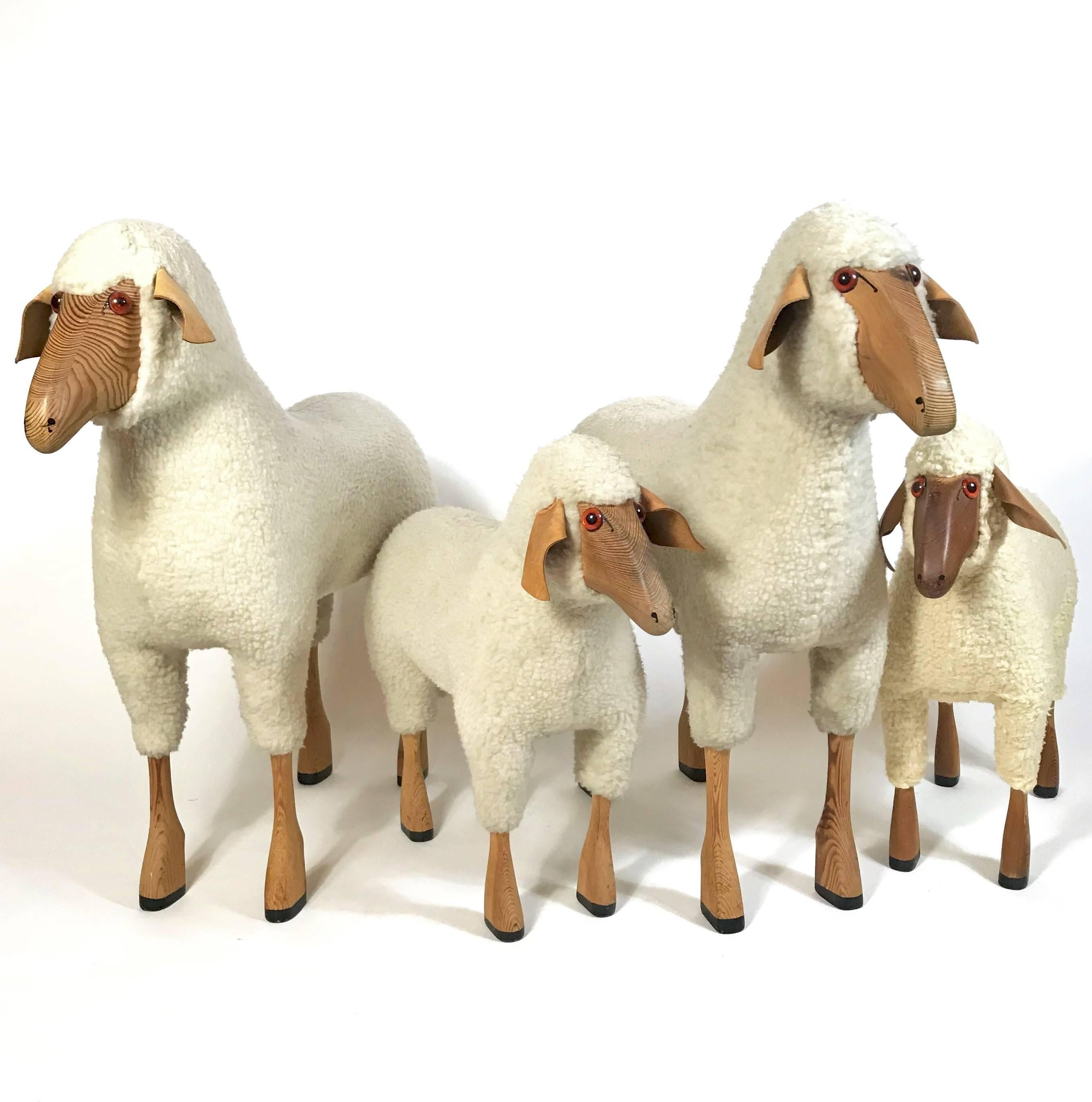 Very decorative handmade lambswool sheep stool object from early 1970s. The handmade wooden body is covered with beige/white lambswool fur. We have four sheep in stock, two big and two small ones - if you are looking for the bigger one, please visit