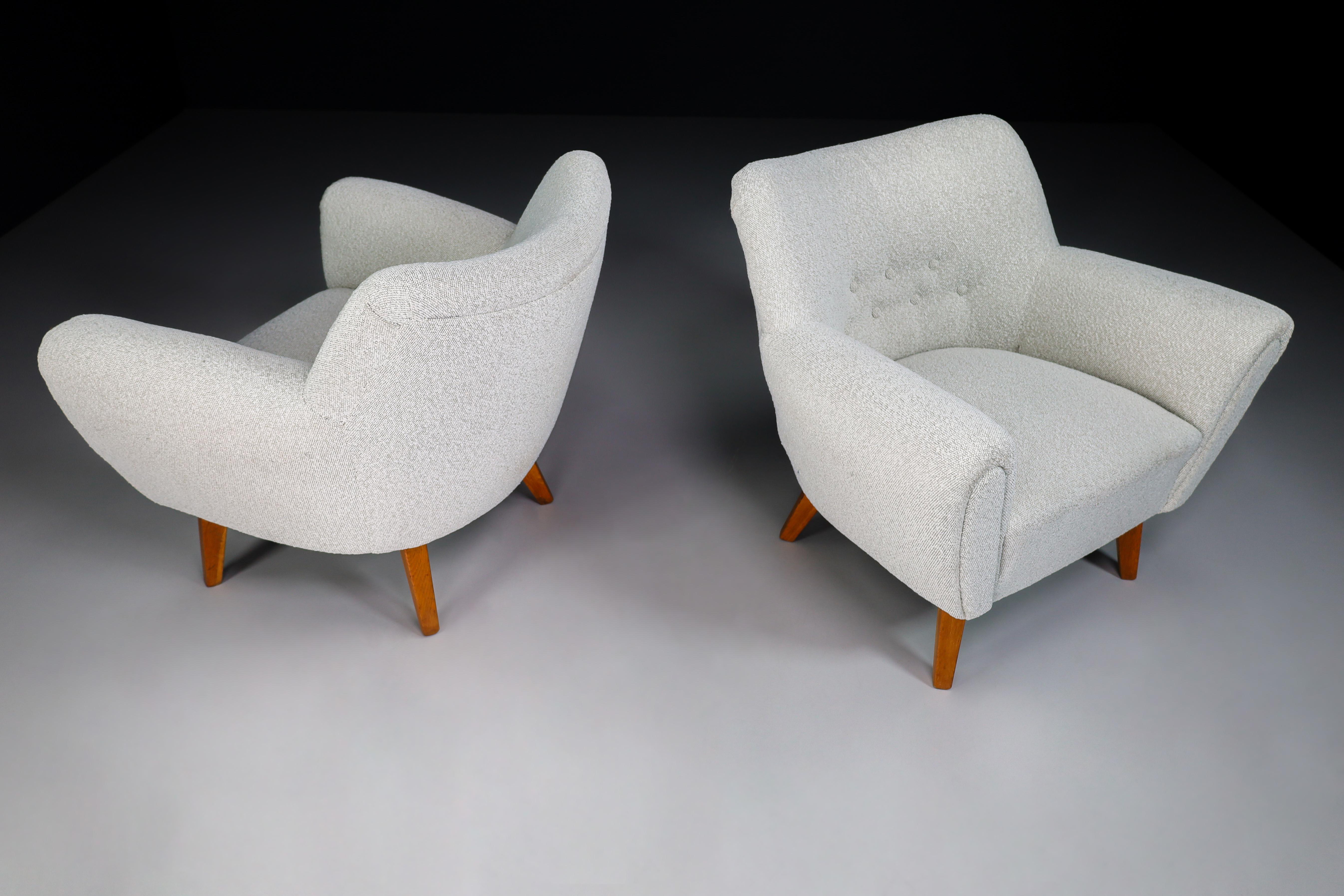 20th Century Midcentury Modern Lounge Chairs in Oak & Reupholstered Bouclé Fabric France 50s