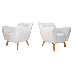 Midcentury Modern Lounge Chairs in Oak & Reupholstered Bouclé Fabric France 50s