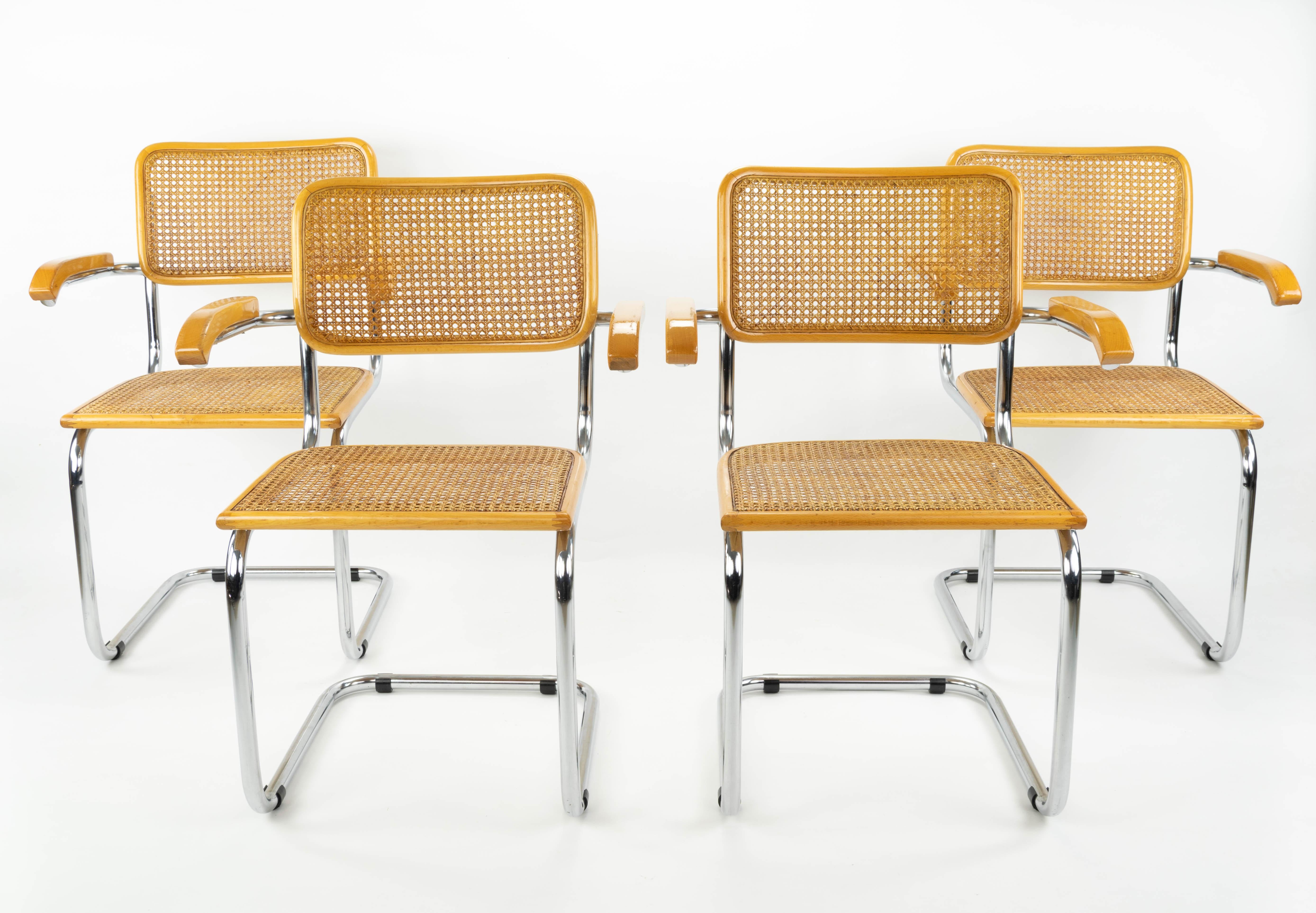 Set of four Cesca chairs model B64, made in Italy in the 1960s. Tubular structure in chromed steel, beech wood frames natural finish and Viennese natural grid.
Measurements:
Total height 84 cm
Seat height 45.5 cm
Width 60 cm
Depth 54 cm.
    