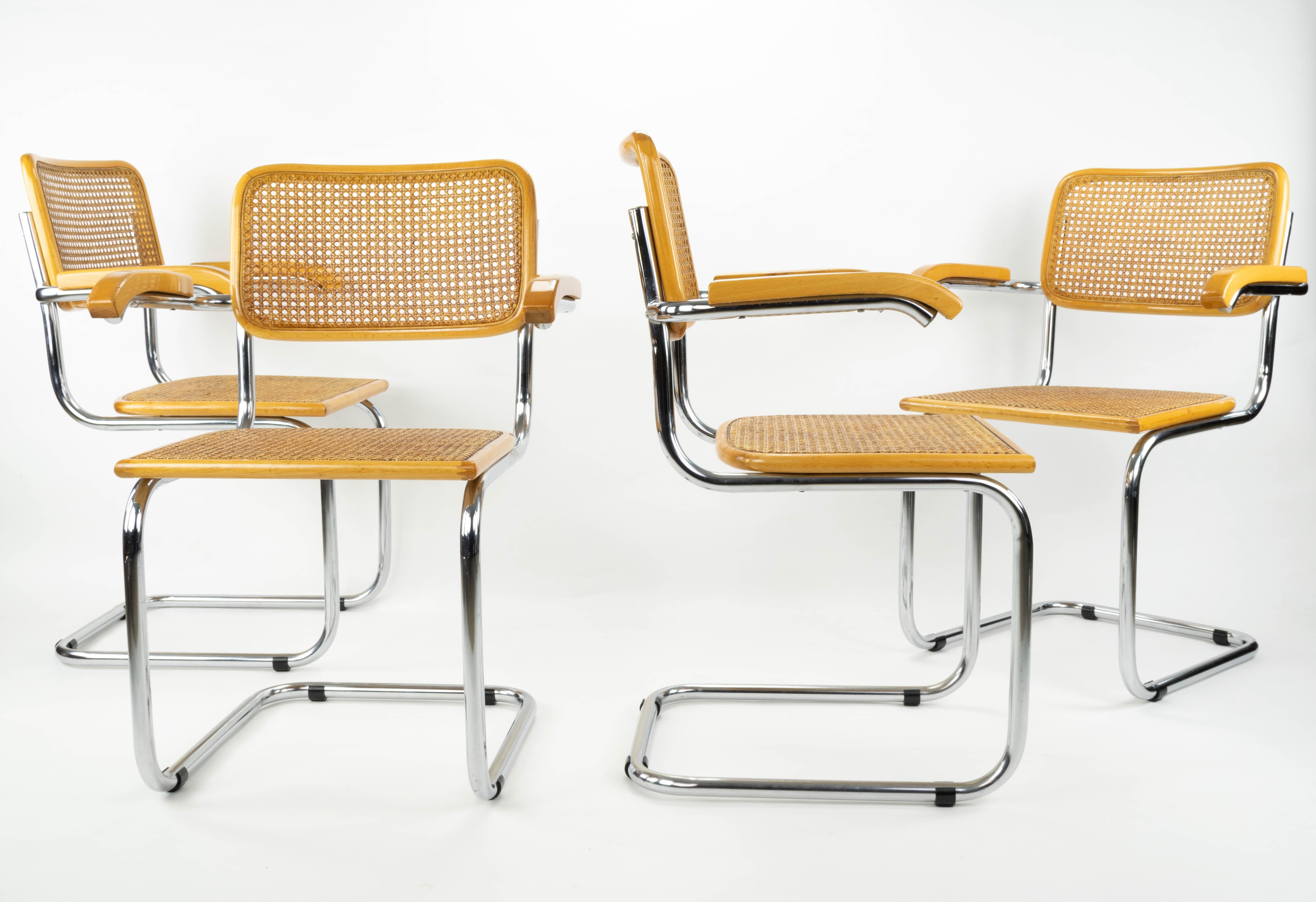 Bauhaus Mid-Century Modern Marcel Breuer Chrome and Golden Beech Cesca Chairs, Italy