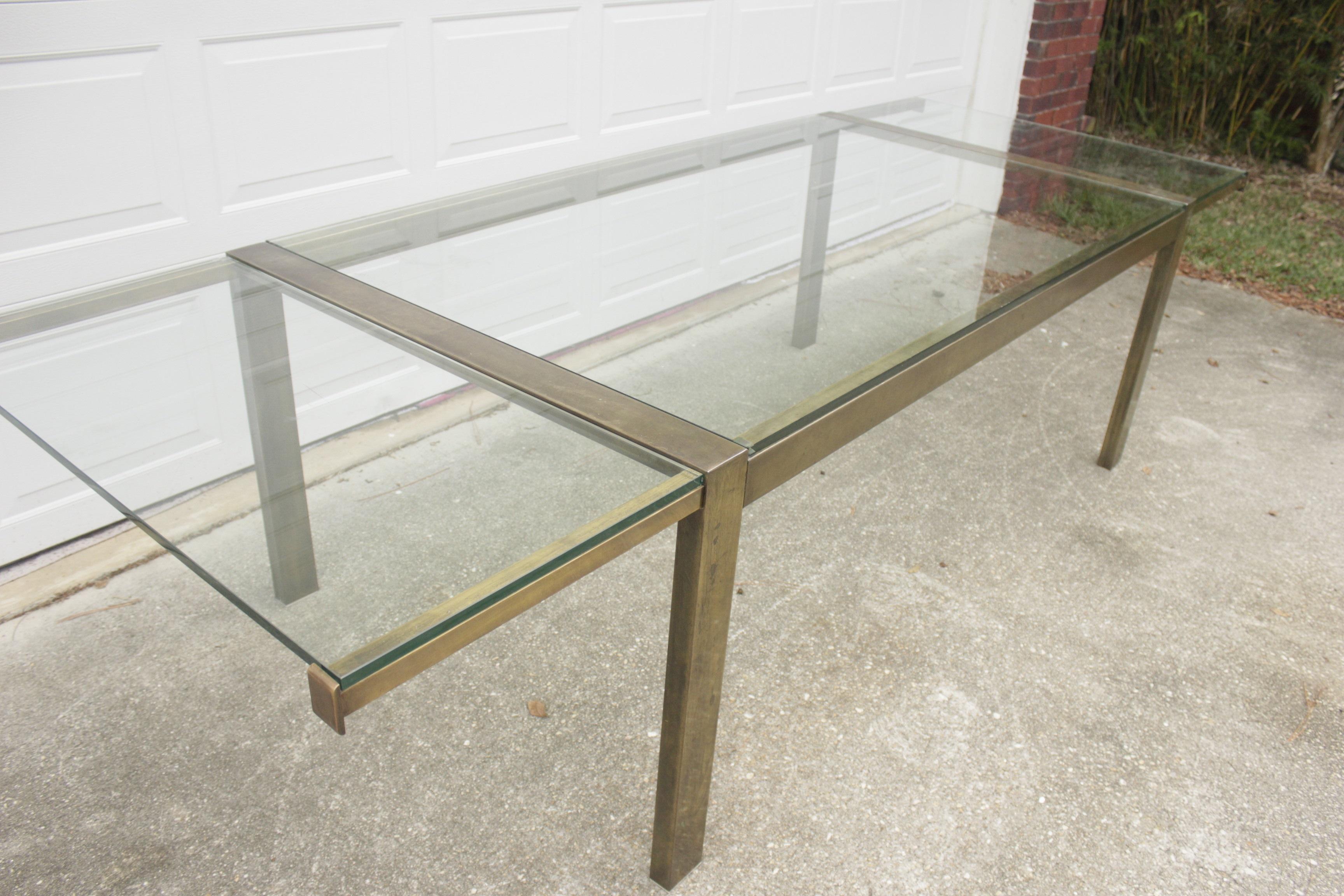 Mid-Century Modern Mastercraft Brass and Glass Extension Dining Table For Sale 1