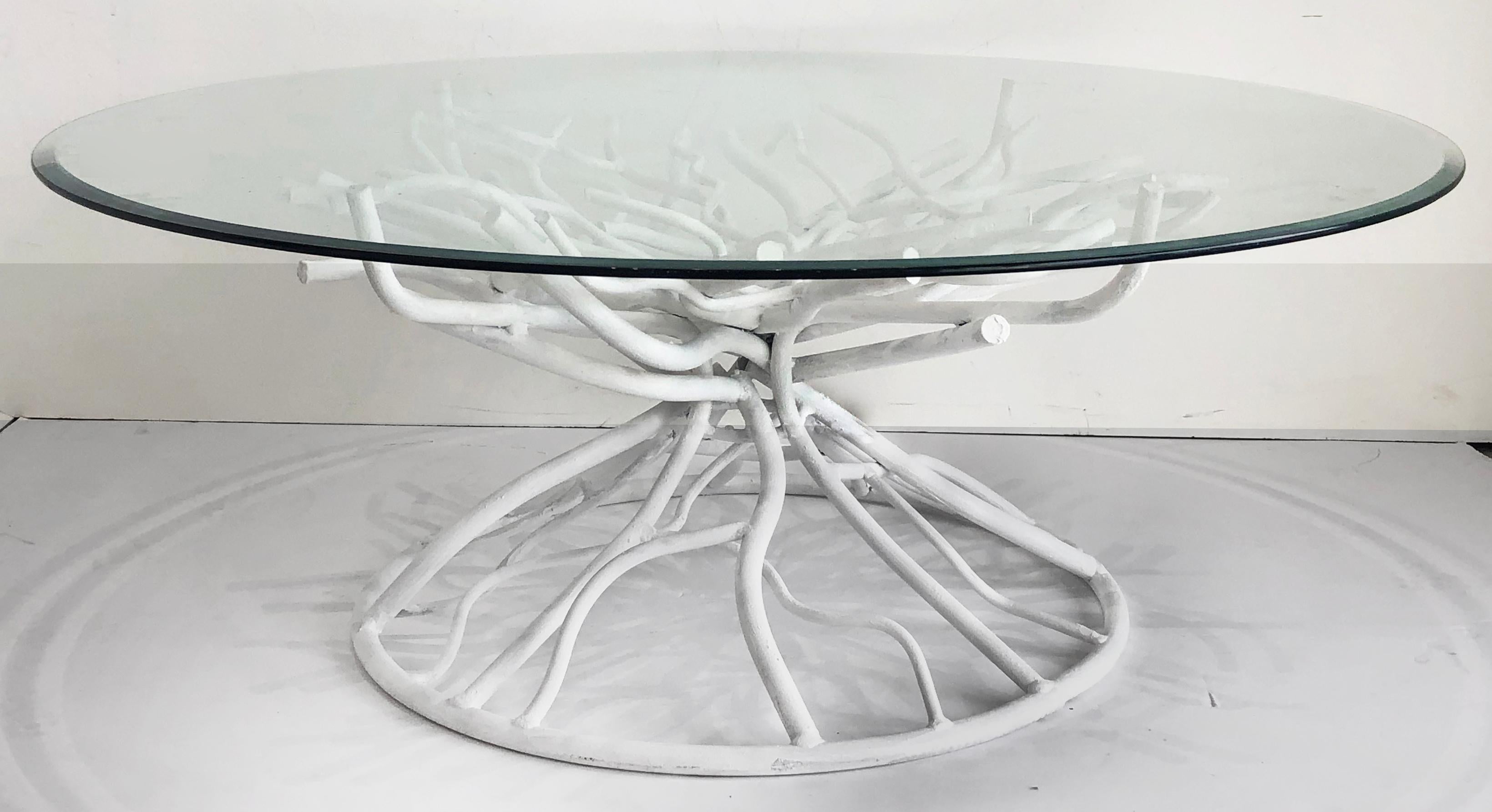 Mid-Century Modern metal faux-coral twig coffee table, beveled glass top

Offered is a Mid-Century Modern metal Faux-coral or twig coffee table with a gesso finish and a round beveled glass top. The table shows great movement and