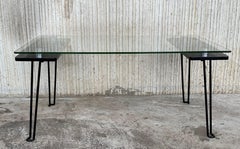 Mid-Century Modern Metal Table with Glass Top and Nickel Supports