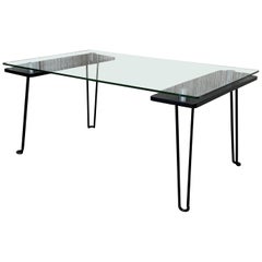 Mid-Century Modern Metal Table with Glass Top and Nickel Supports