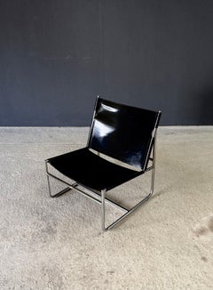 Midcentury Modern Minimalist Design Leather Lounge Chair, France 1970's