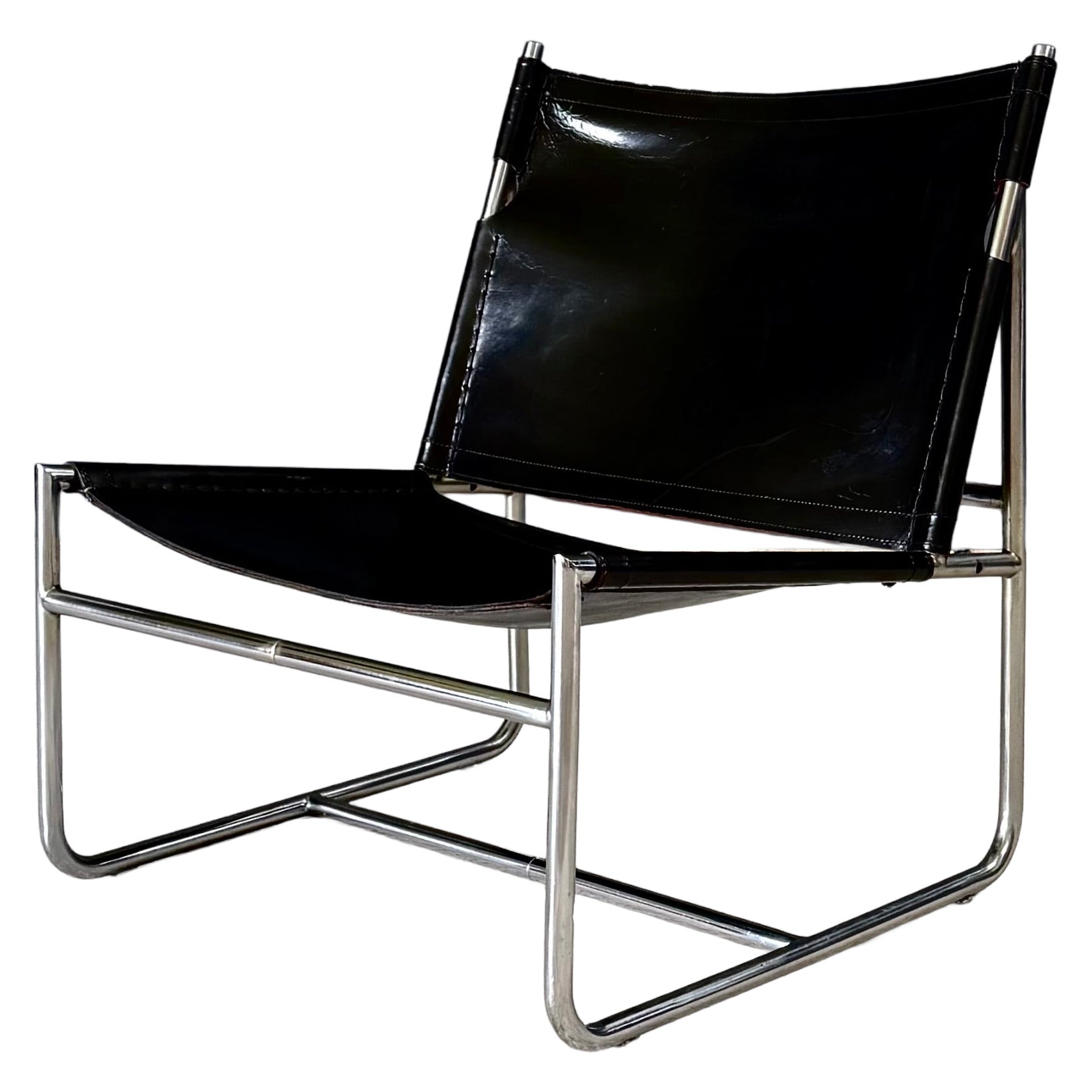 Midcentury Modern Minimalist Design Leather Lounge Chair, France 1970's