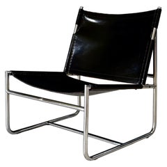 Midcentury Modern Minimalist Design Leather Lounge Chair, France 1970's
