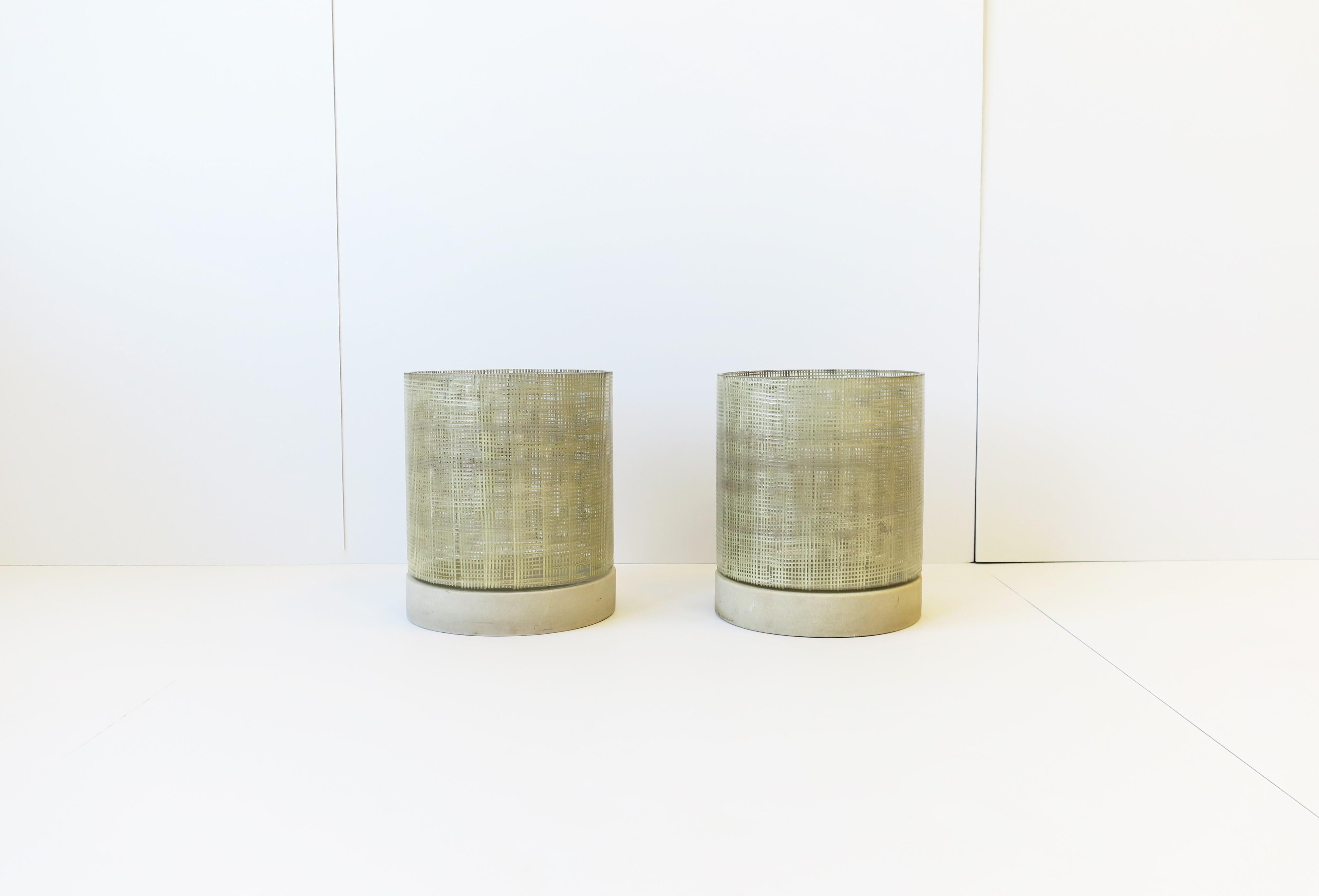 Minimalist Hurricane Stone and Glass Candle Lamps, Pair