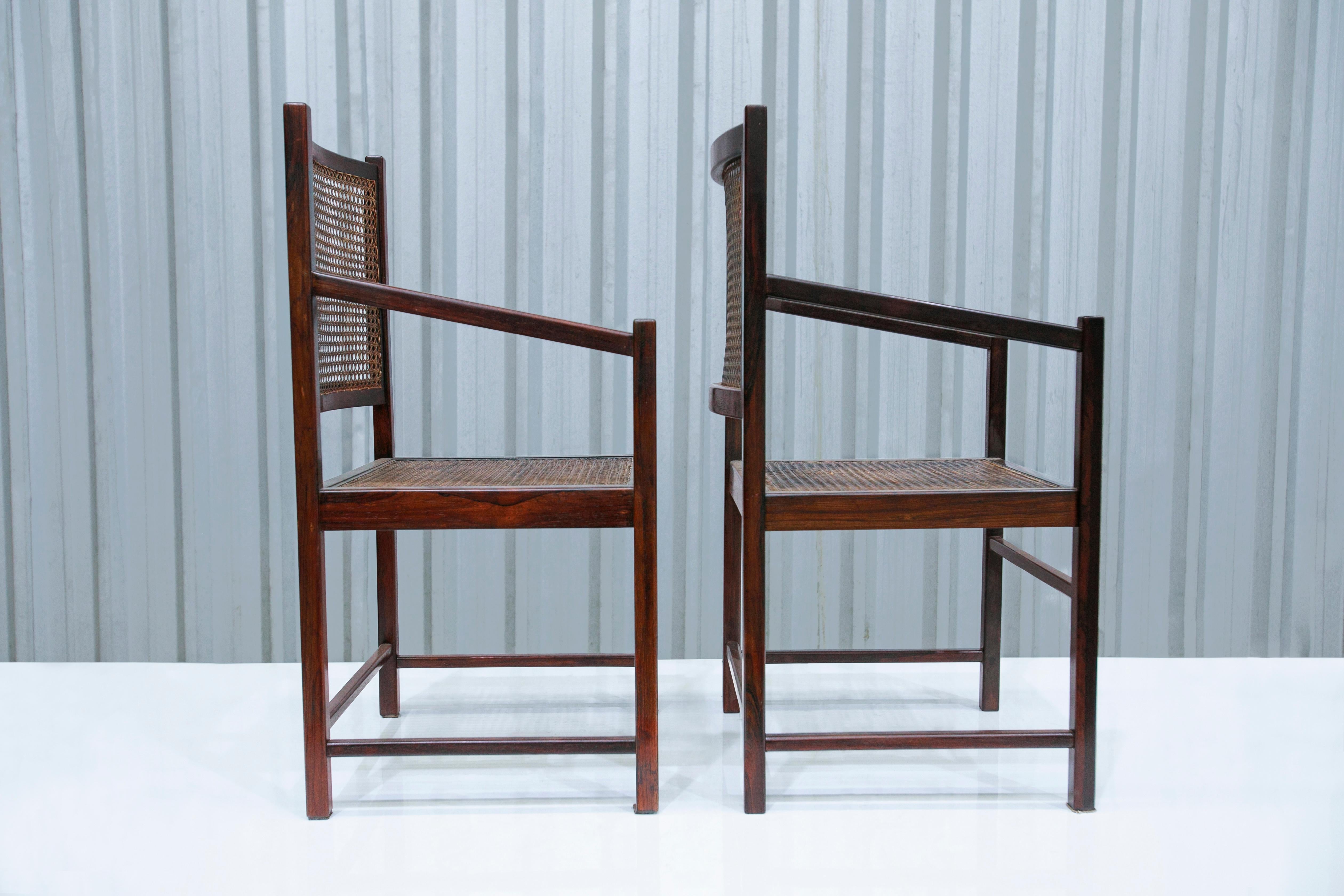 Hand-Crafted Mid-Century Modern Modern Armchair Pair in Hardwood & Cane, Brazil, 1960s For Sale