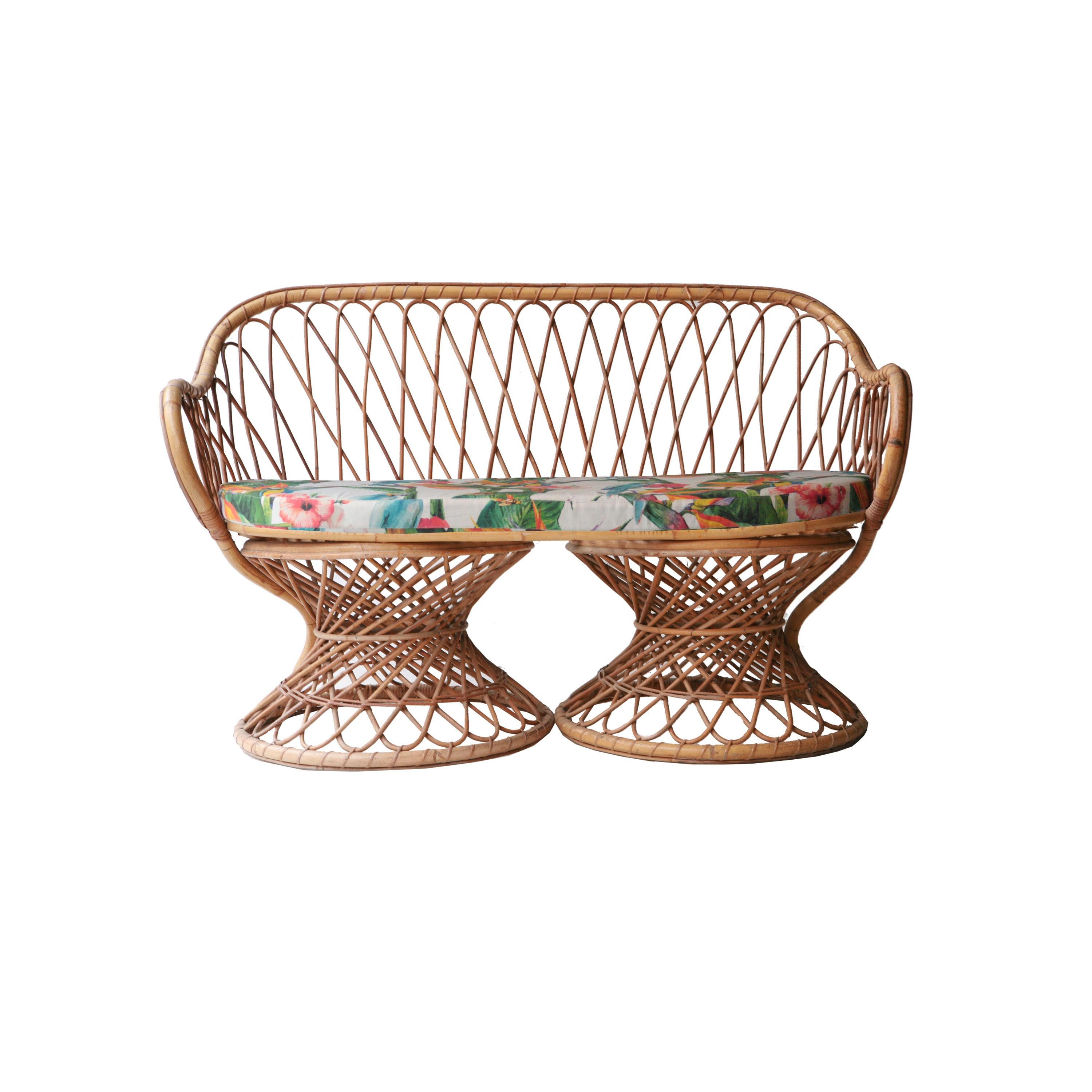 Mid-Century Modern bench in natural fiber with a seat upholstered in tropical motifs.