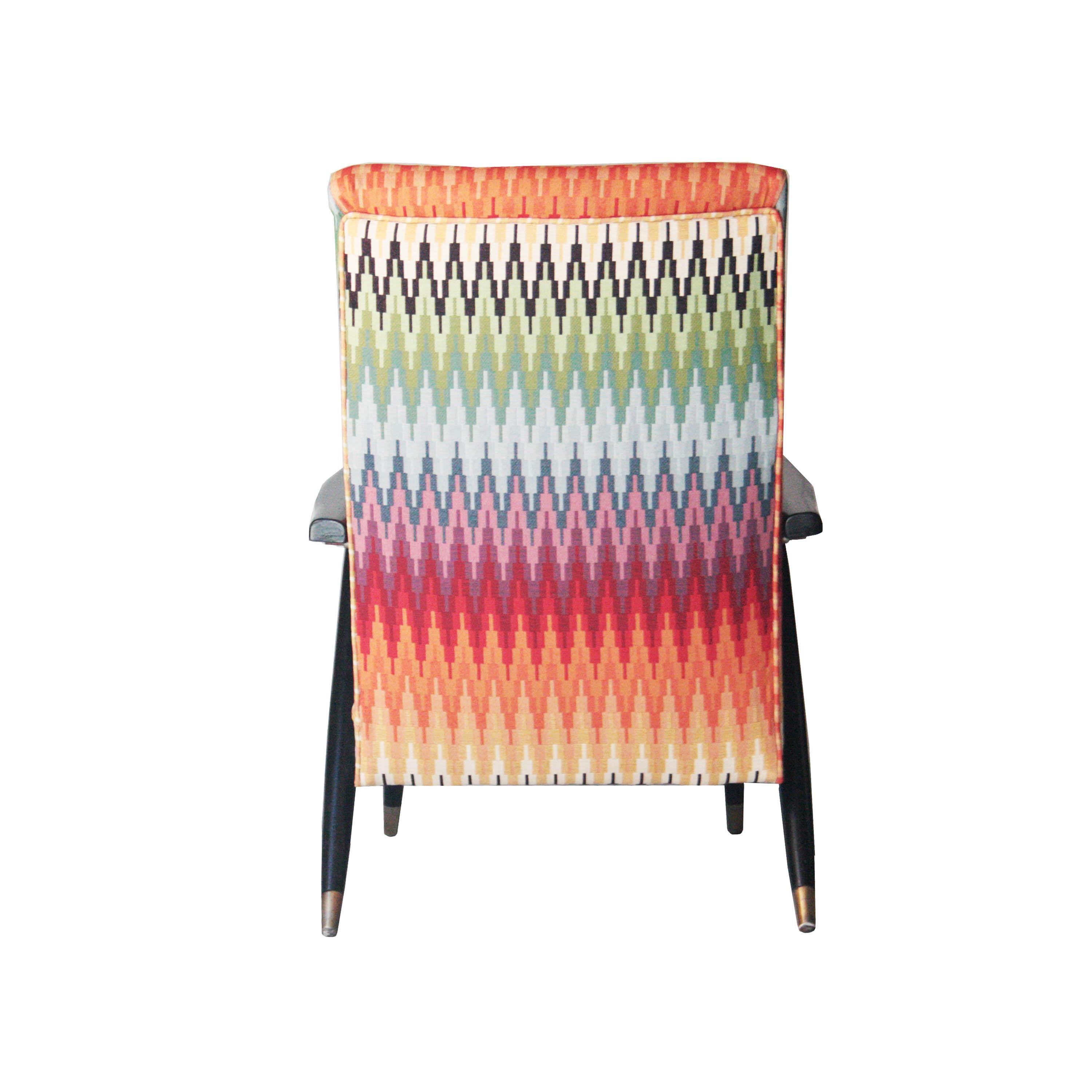 Brass Mid-Century Modern Multicolored Black Italian Armchair with Footrest Italy, 1950