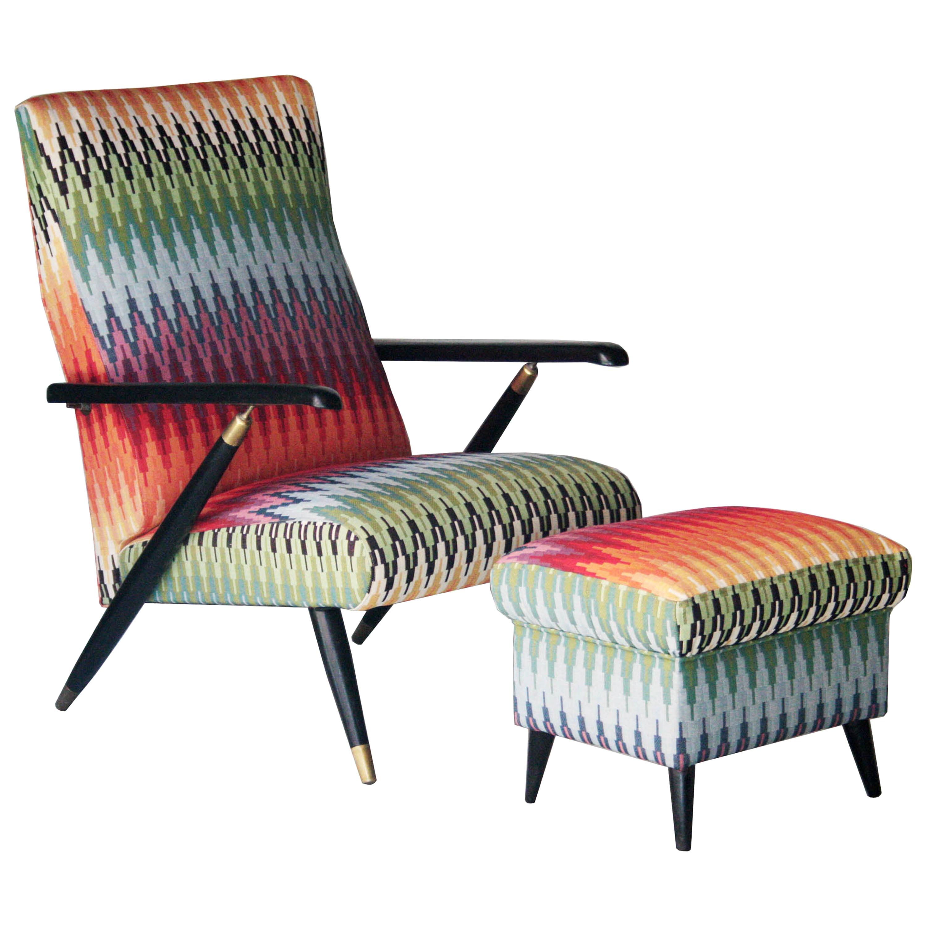 Mid-Century Modern Multicolored Black Italian Armchair with Footrest Italy, 1950