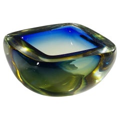 Retro Midcentury Modern Murano Blue and Yellow Sommerso Art Glass Bowl 1960s
