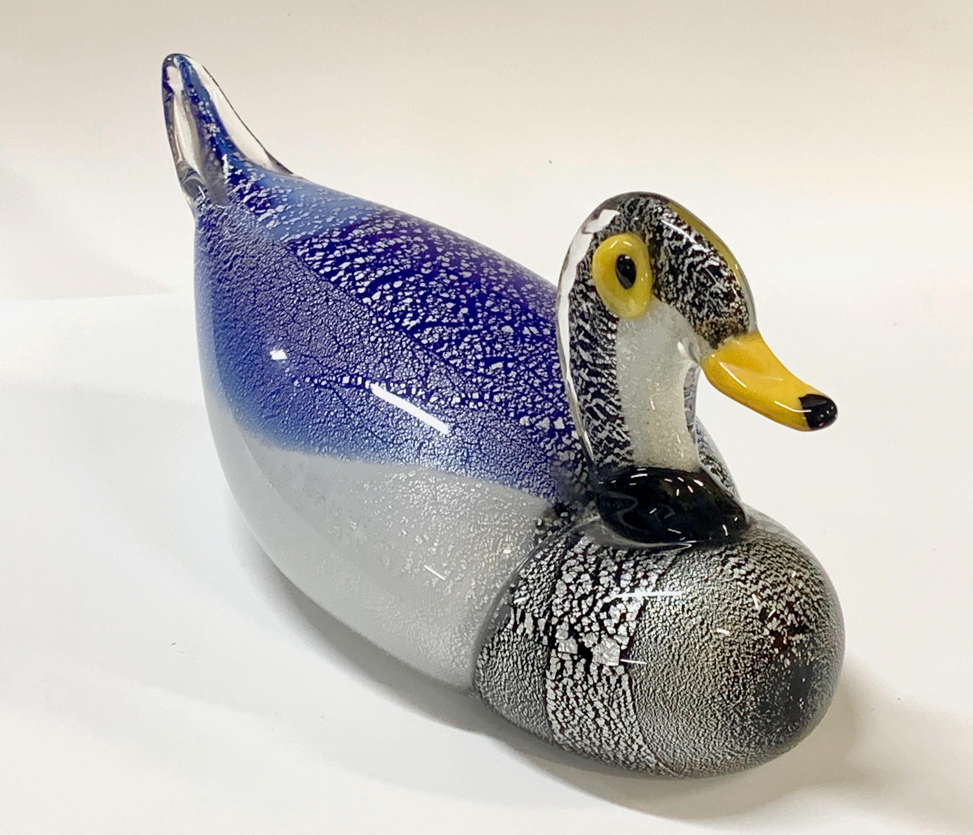 Mid-Century Modern Murano Glass Italian Duck Sculpture with Silver Dots, 1970s 1