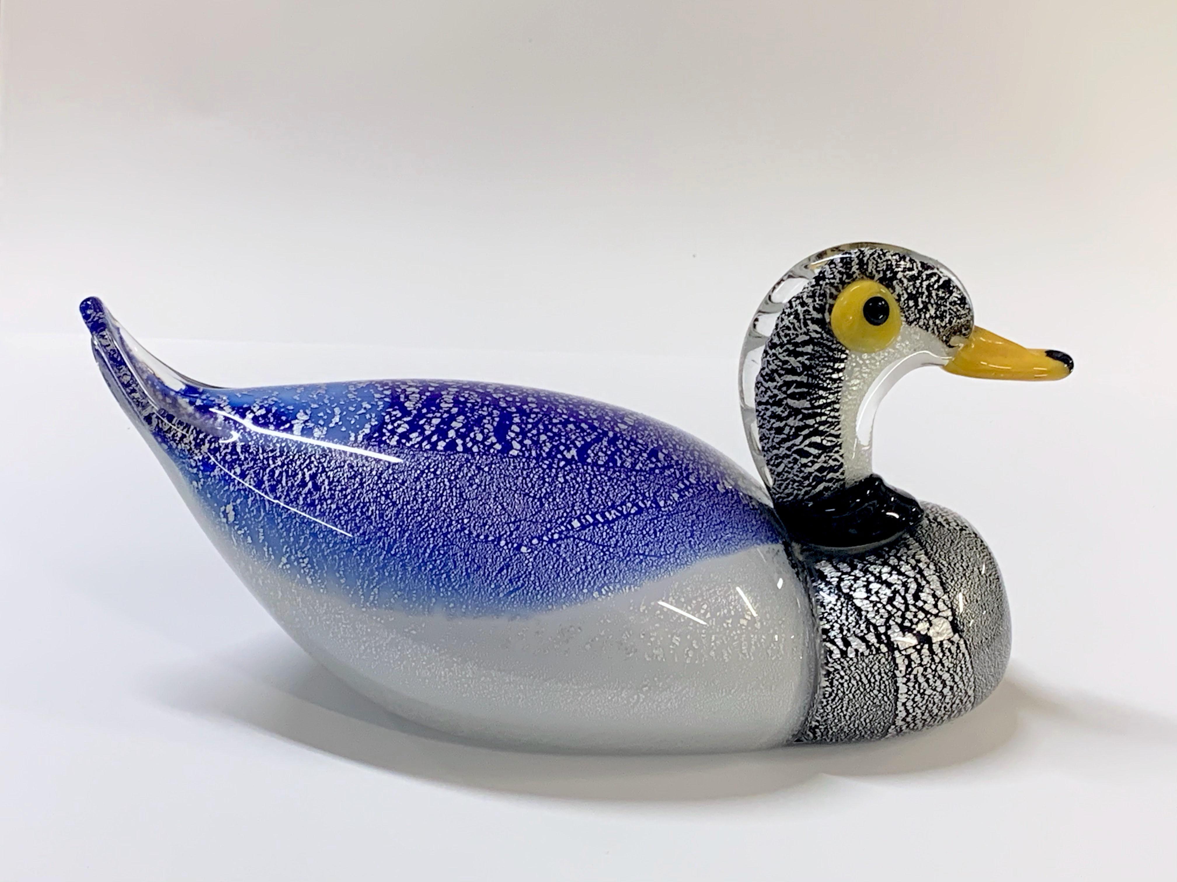 20th Century Mid-Century Modern Murano Glass Italian Duck Sculpture with Silver Dots, 1970s