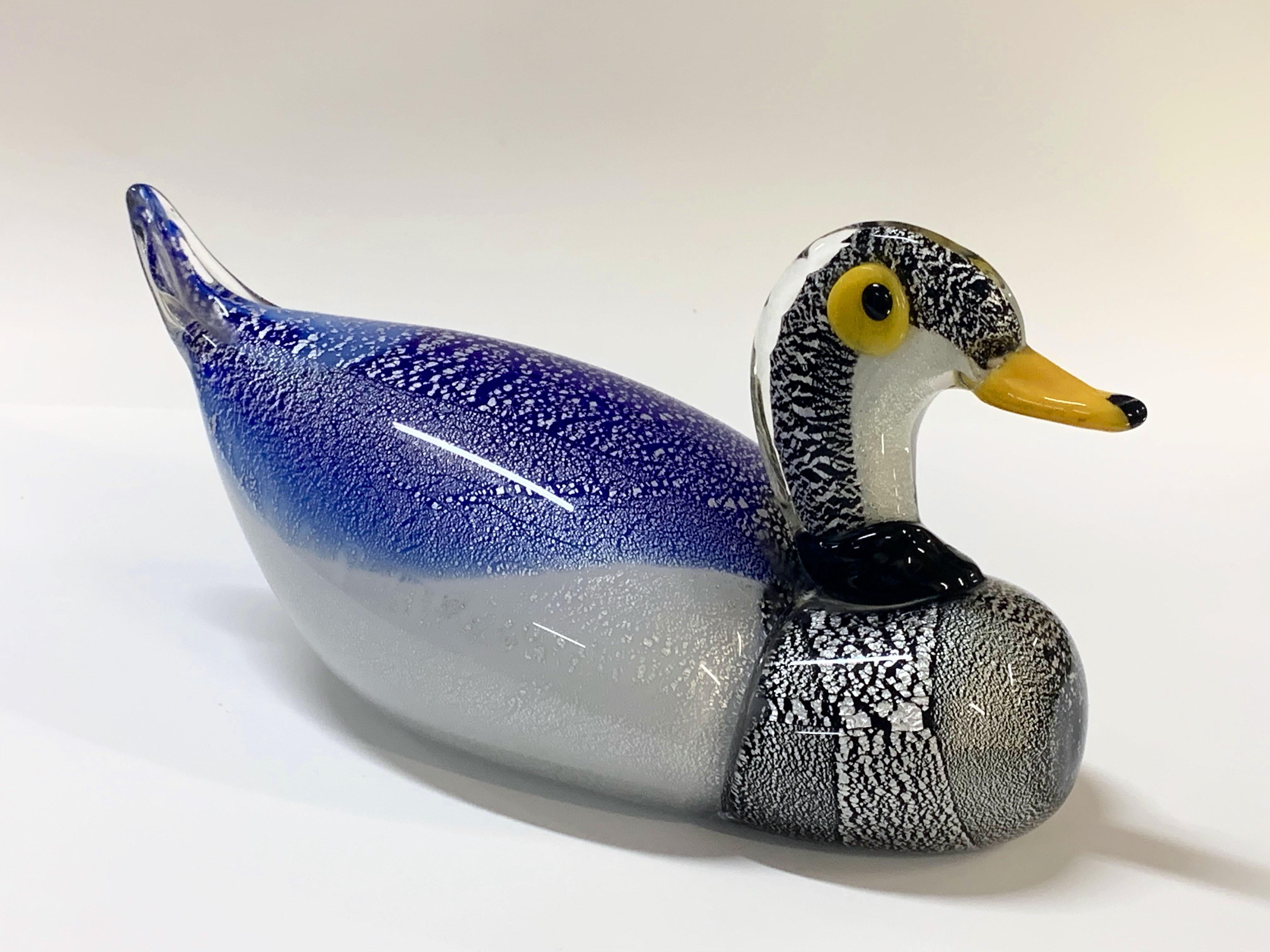 Art Glass Mid-Century Modern Murano Glass Italian Duck Sculpture with Silver Dots, 1970s