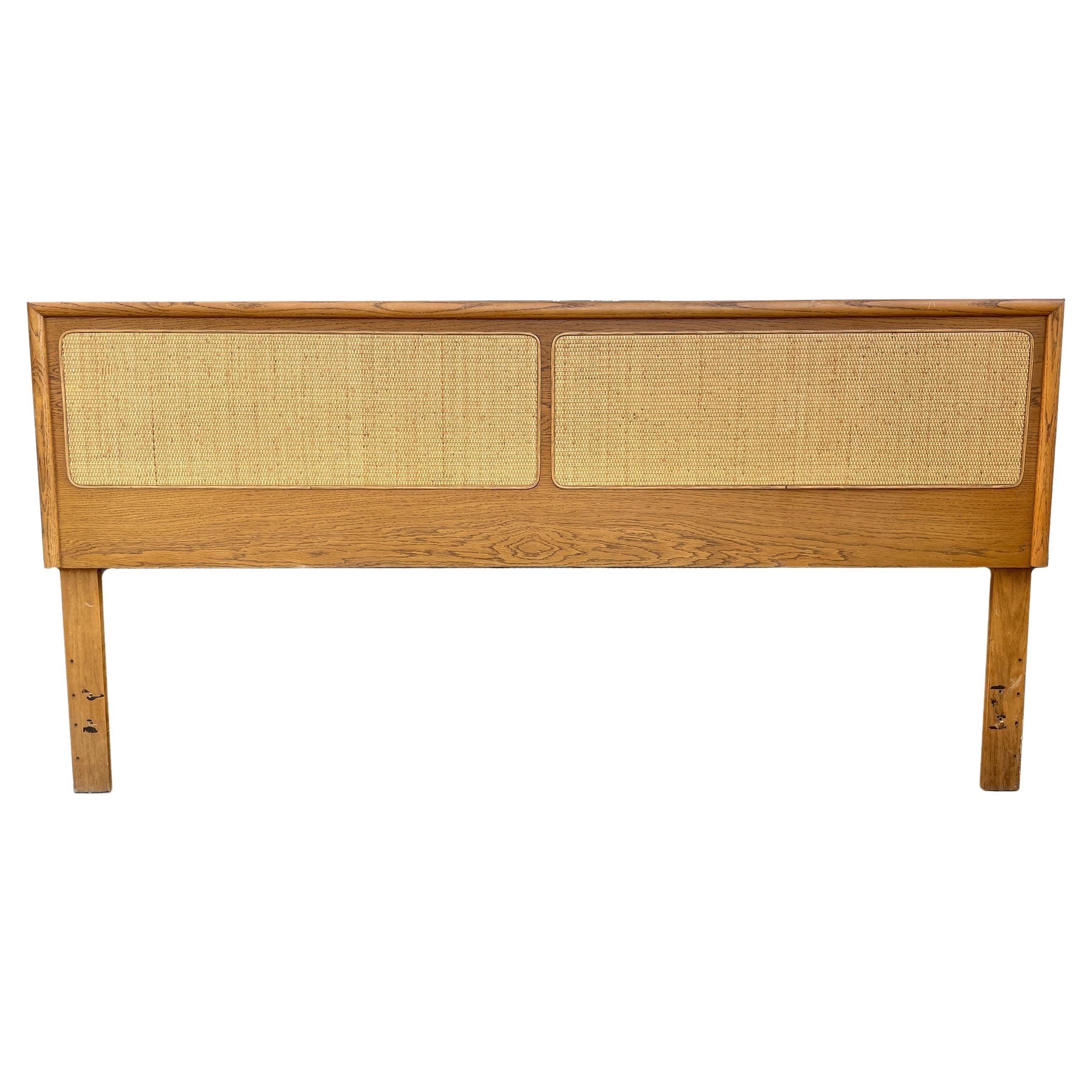 Mid-Century Modern Oak and Cane King Bed Headboard by Lane