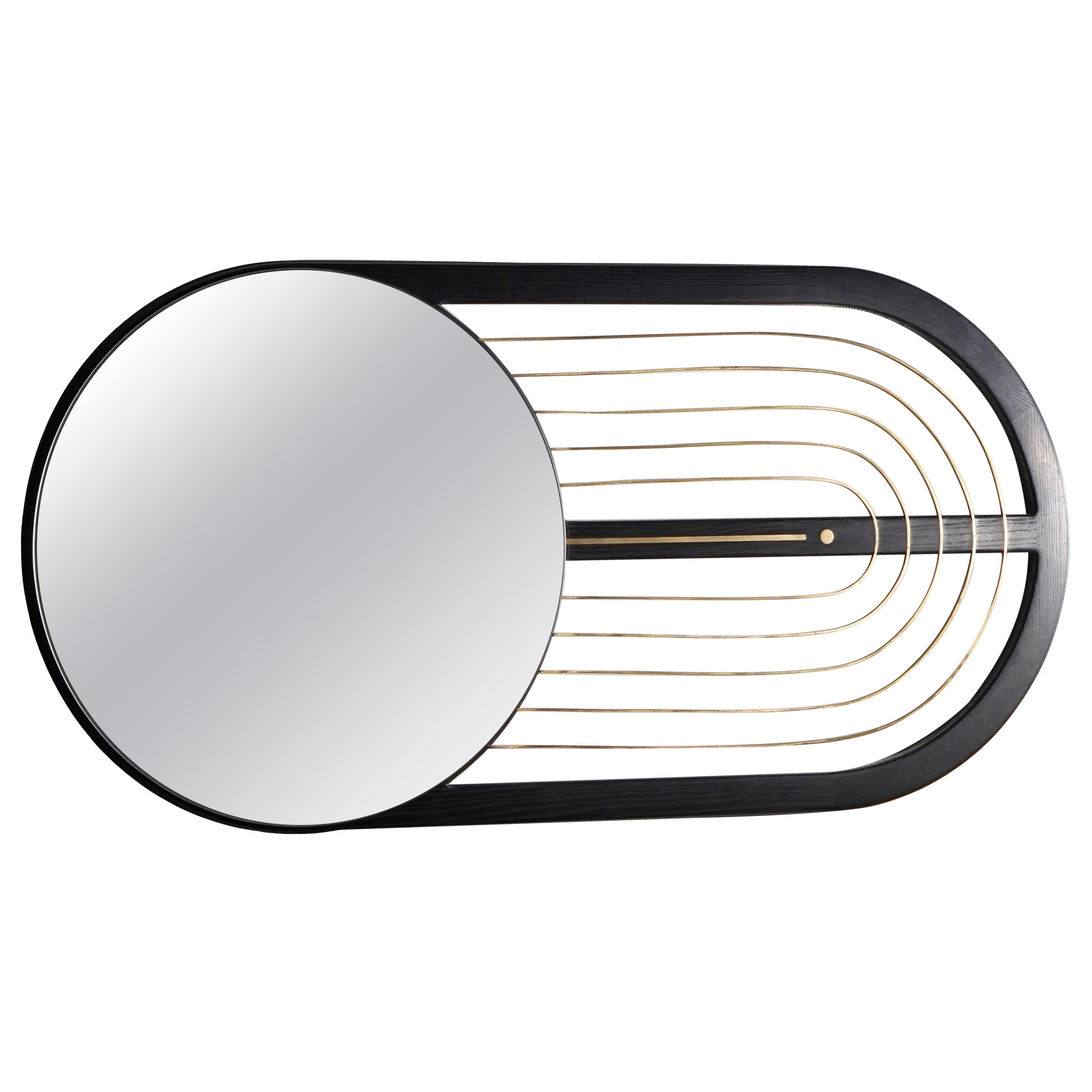 Midcentury modern Oak wood wall statement accent mirror with brass inlay For Sale