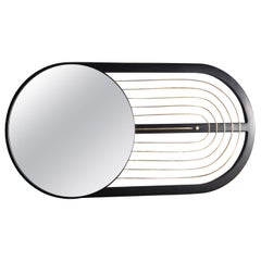 Midcentury modern Oak wood wall statement accent mirror with brass inlay