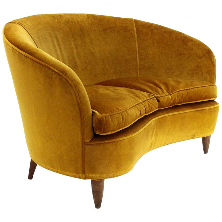Mid-Century Modern Ocher Velvet 2-Seat Sofa, 1930s