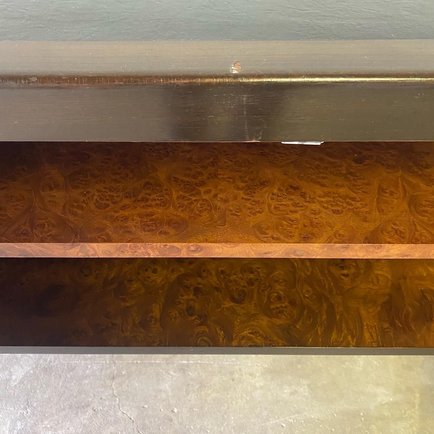 Mid-Century Modern Olive Burl, Leather Top and Mahogany Frame Credenza Sideboard In Good Condition In Munroe Falls, OH