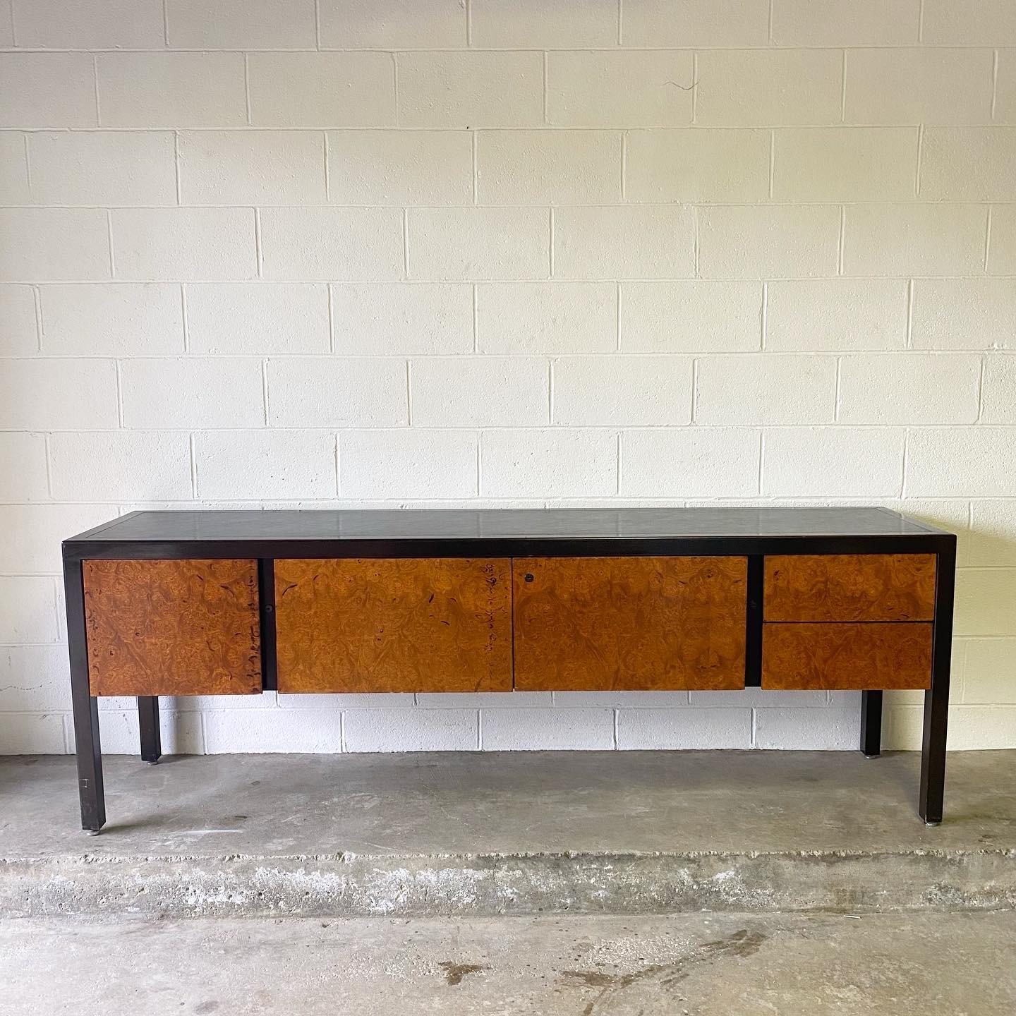 Mid-Century Modern Olive Burl, Leather Top and Mahogany Frame Credenza Sideboard 1