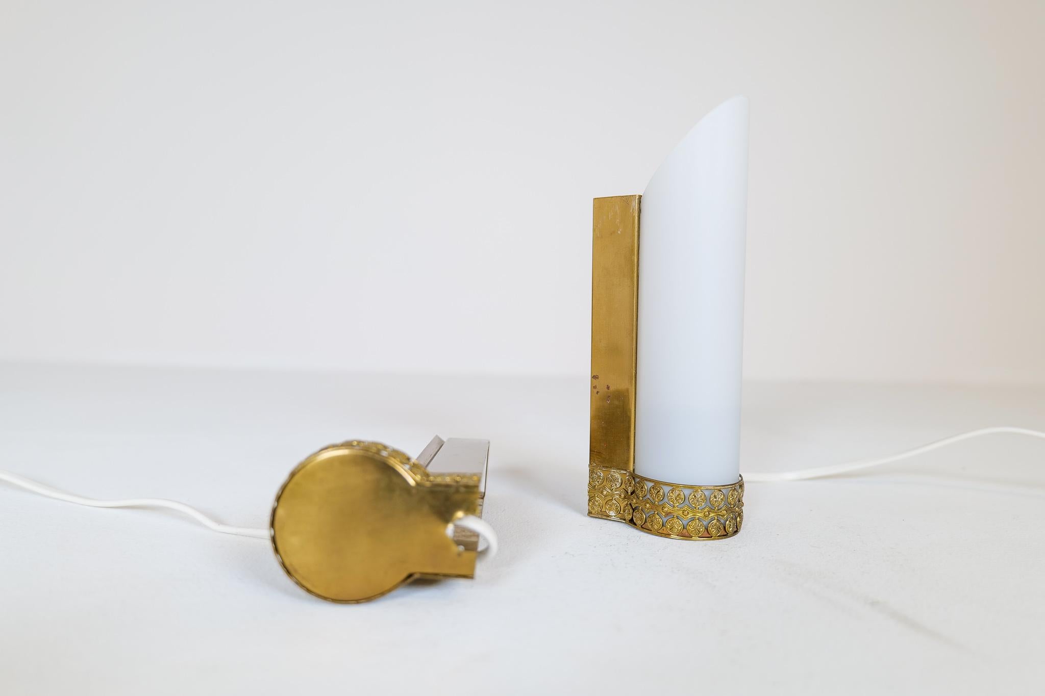 Midcentury Modern Pair of Brass and Opaline Wall Lamps Attributed to Asea Sweden For Sale 3