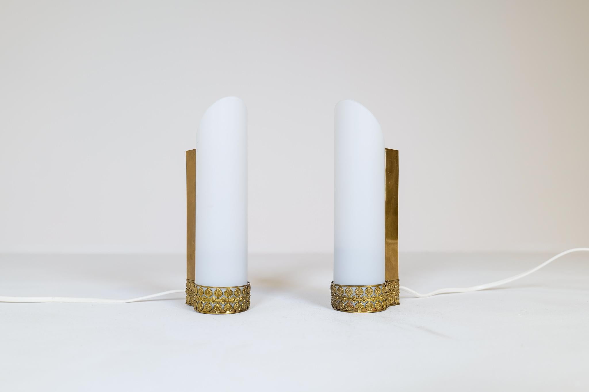 Mid-Century Modern Midcentury Modern Pair of Brass and Opaline Wall Lamps Attributed to Asea Sweden For Sale
