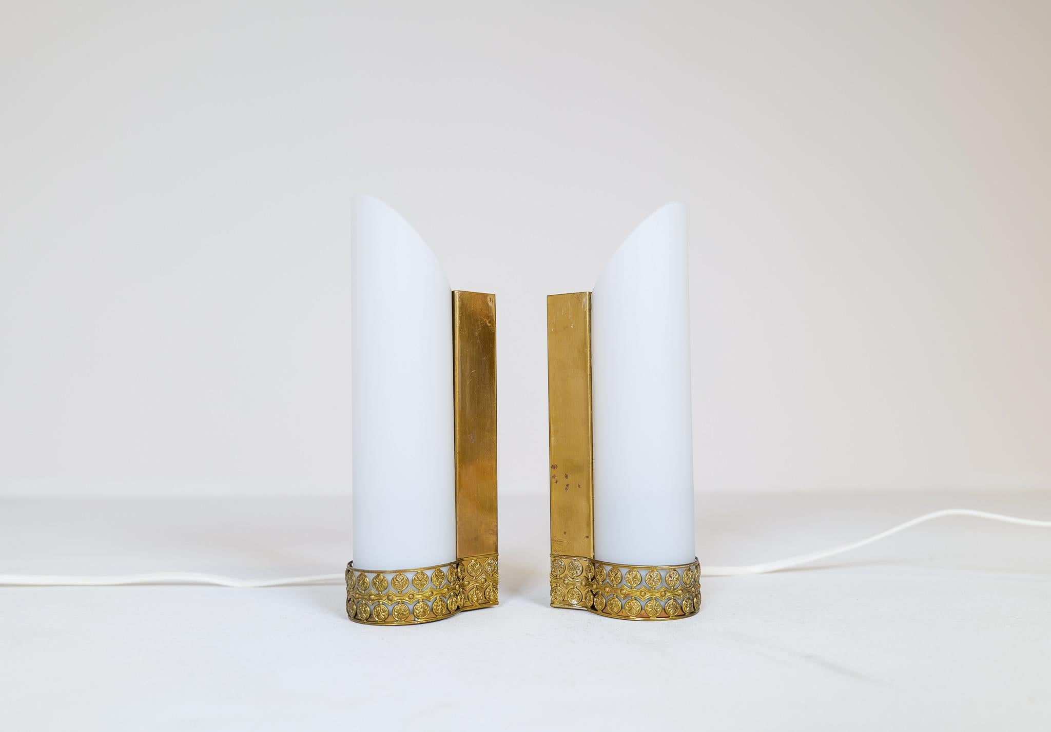 Swedish Midcentury Modern Pair of Brass and Opaline Wall Lamps Attributed to Asea Sweden For Sale
