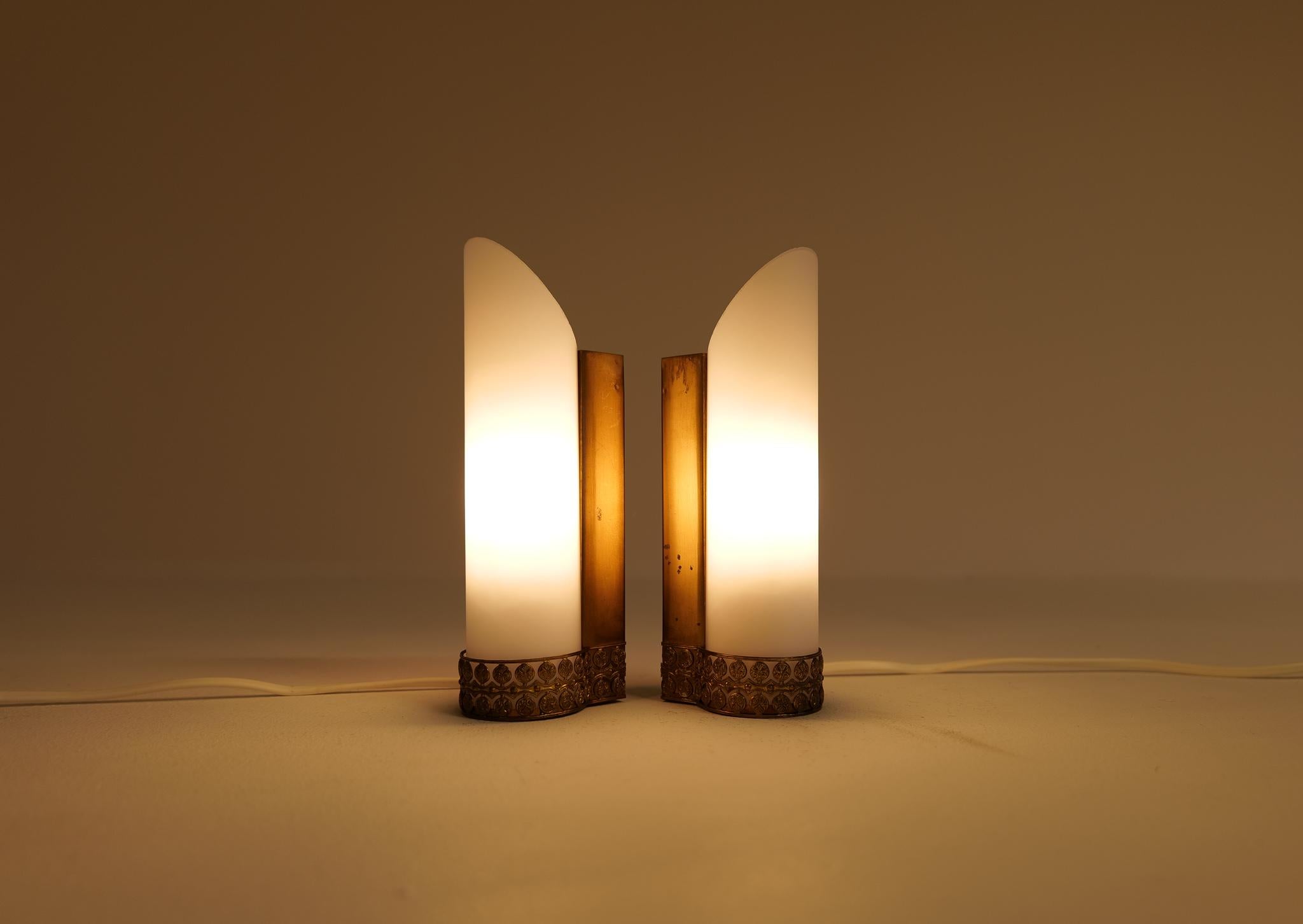Frosted Midcentury Modern Pair of Brass and Opaline Wall Lamps Attributed to Asea Sweden For Sale
