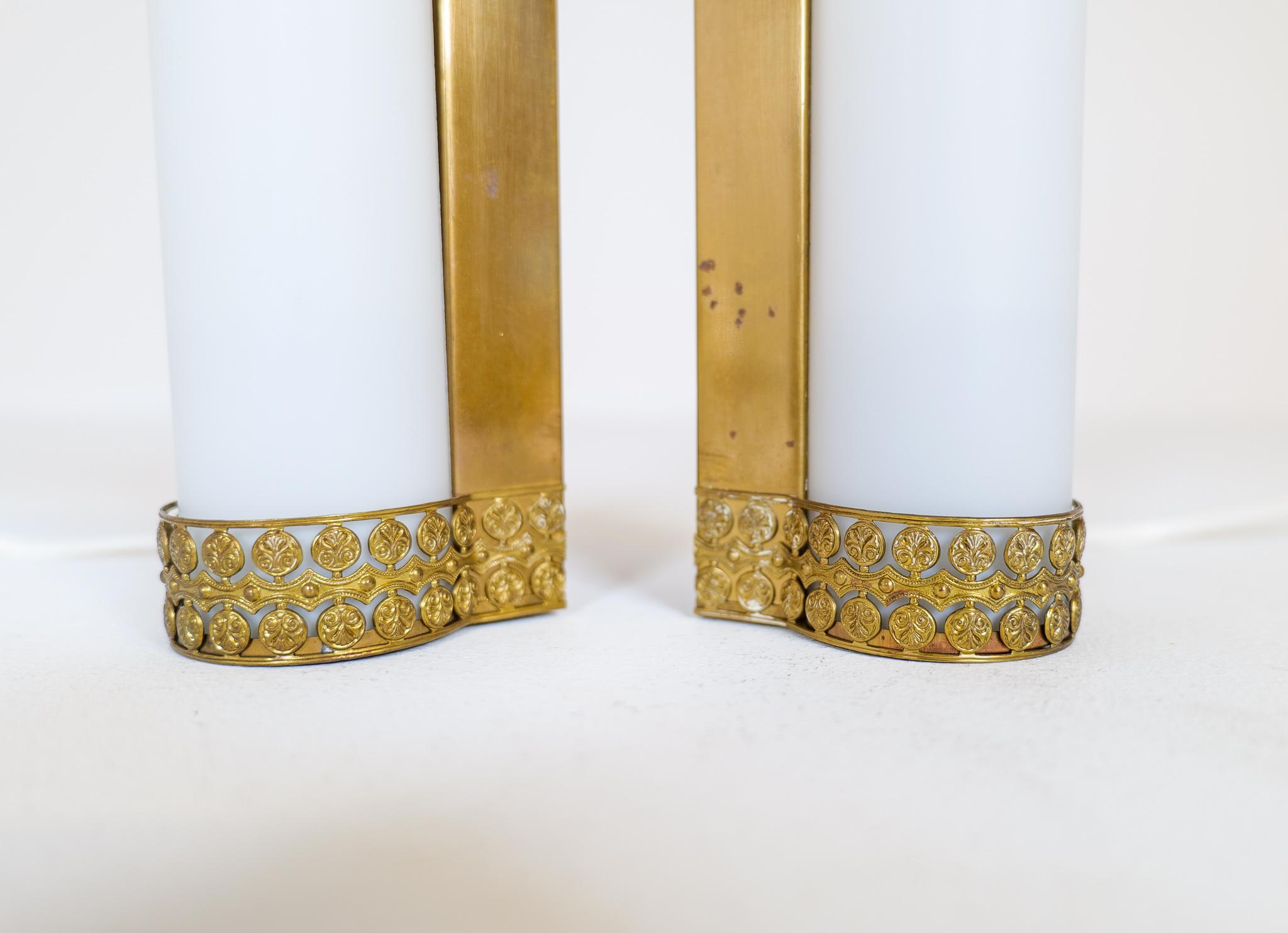 Midcentury Modern Pair of Brass and Opaline Wall Lamps Attributed to Asea Sweden In Good Condition For Sale In Hillringsberg, SE