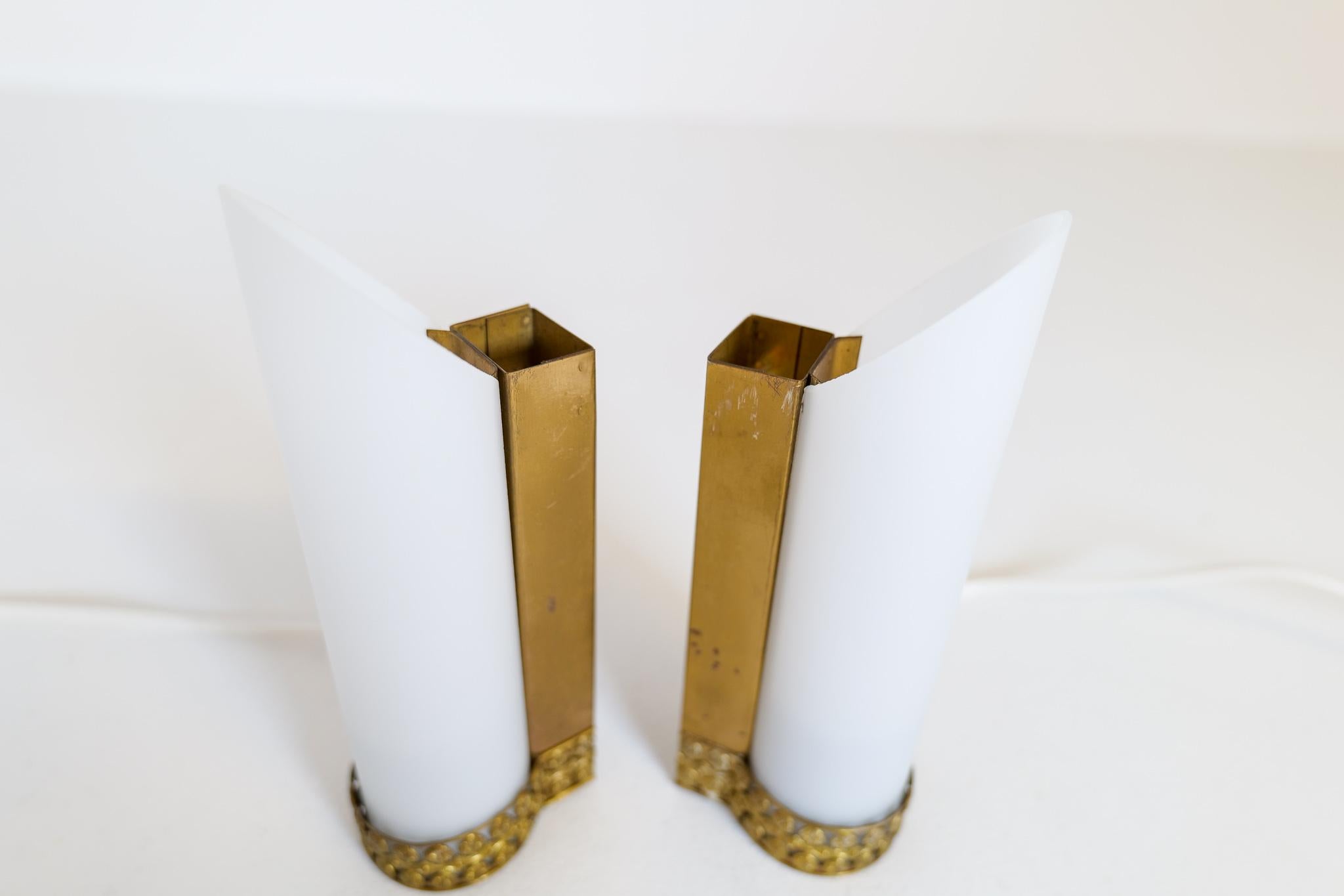 Mid-20th Century Midcentury Modern Pair of Brass and Opaline Wall Lamps Attributed to Asea Sweden For Sale