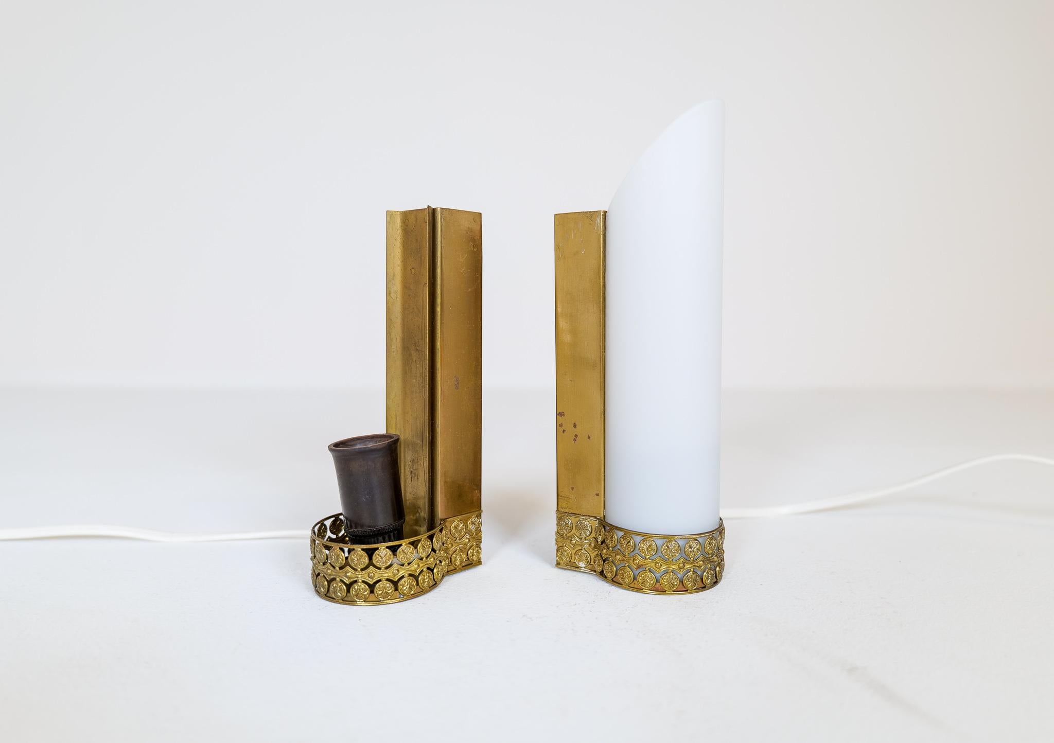 Midcentury Modern Pair of Brass and Opaline Wall Lamps Attributed to Asea Sweden For Sale 1