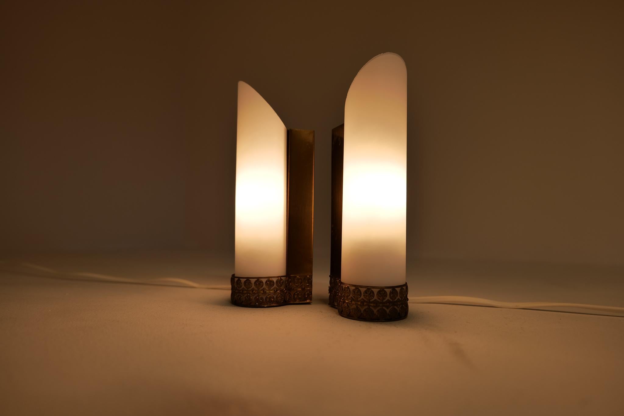 Midcentury Modern Pair of Brass and Opaline Wall Lamps Attributed to Asea Sweden For Sale 2