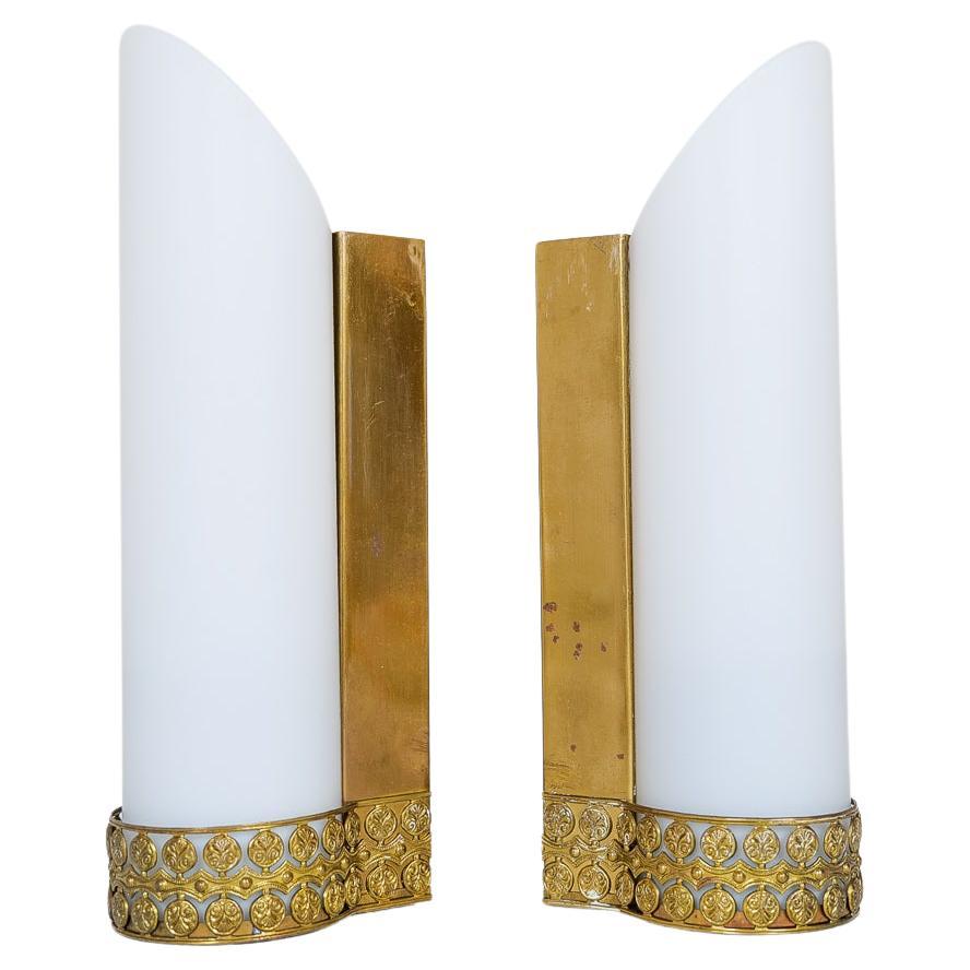 Midcentury Modern Pair of Brass and Opaline Wall Lamps Attributed to Asea Sweden For Sale