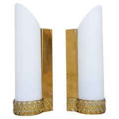 Midcentury Modern Pair of Brass and Opaline Wall Lamps Attributed to Asea Sweden