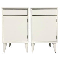Retro Midcentury Modern Pair of Glossy White Lab Cabinet Nightstands