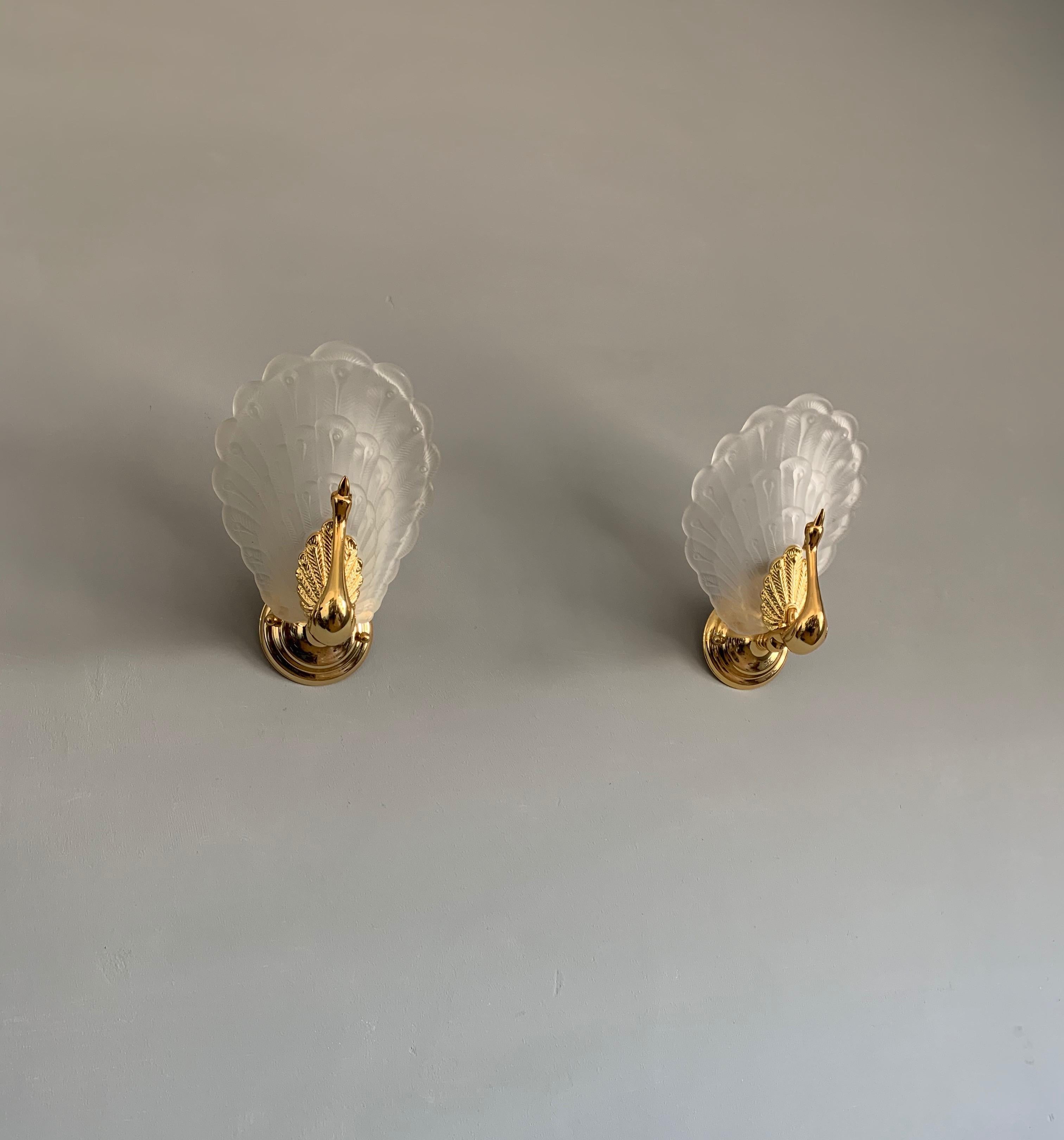 20th Century Midcentury Modern Pair of Wall Sconces w. Golden Bronze Glass Peacock Sculptures