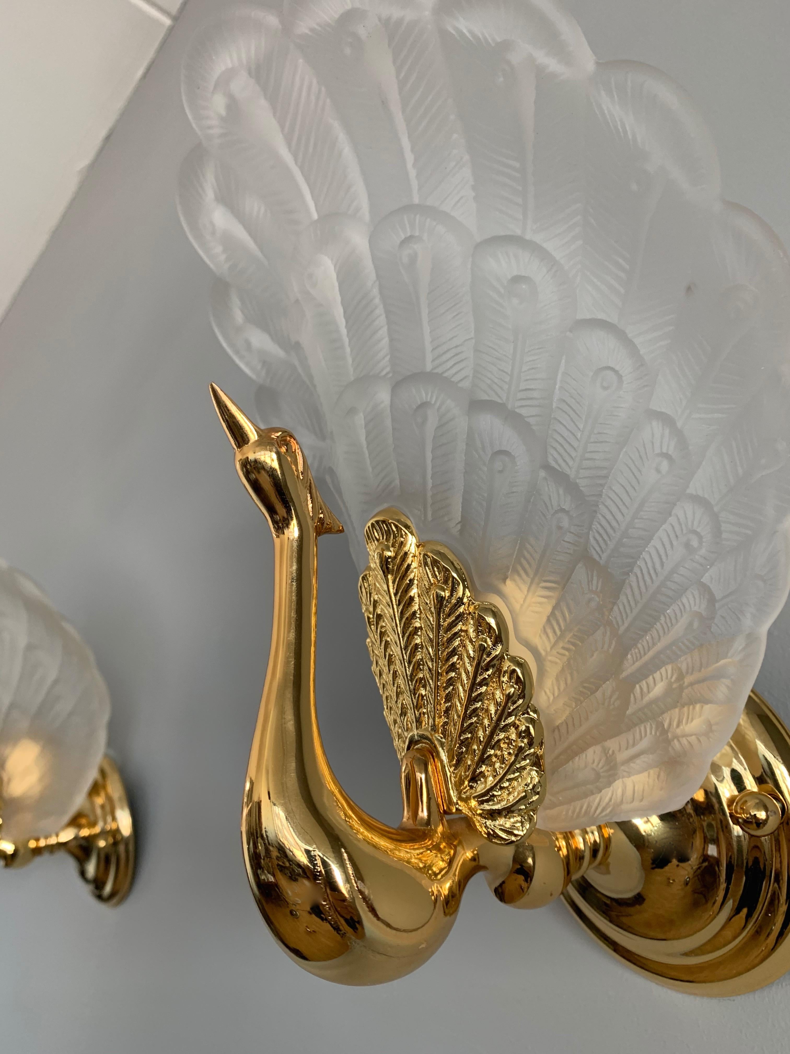 Art Deco Midcentury Modern Pair of Wall Sconces w. Golden Bronze Glass Peacock Sculptures