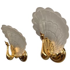 Midcentury Modern Pair of Wall Sconces w. Golden Bronze Glass Peacock Sculptures