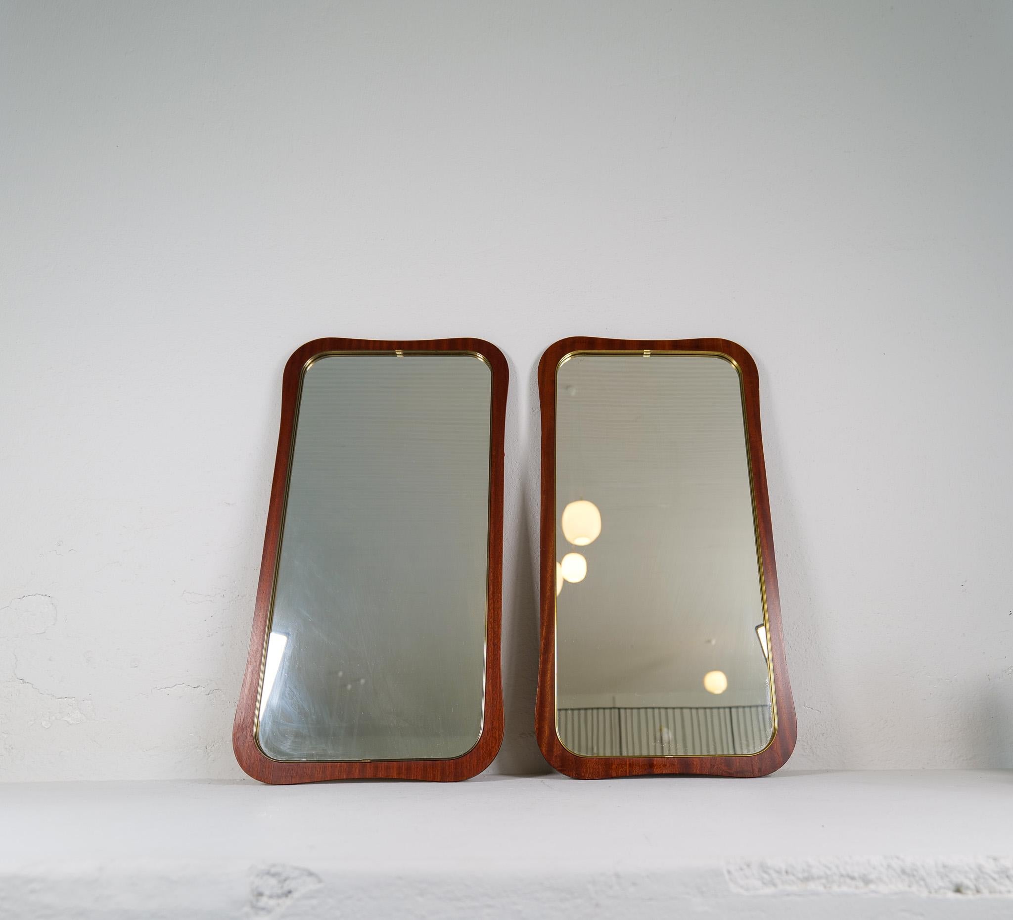 Mid-Century Modern Midcentury Modern Pair of Wood and Brass Mirrors Sweden 1950s For Sale