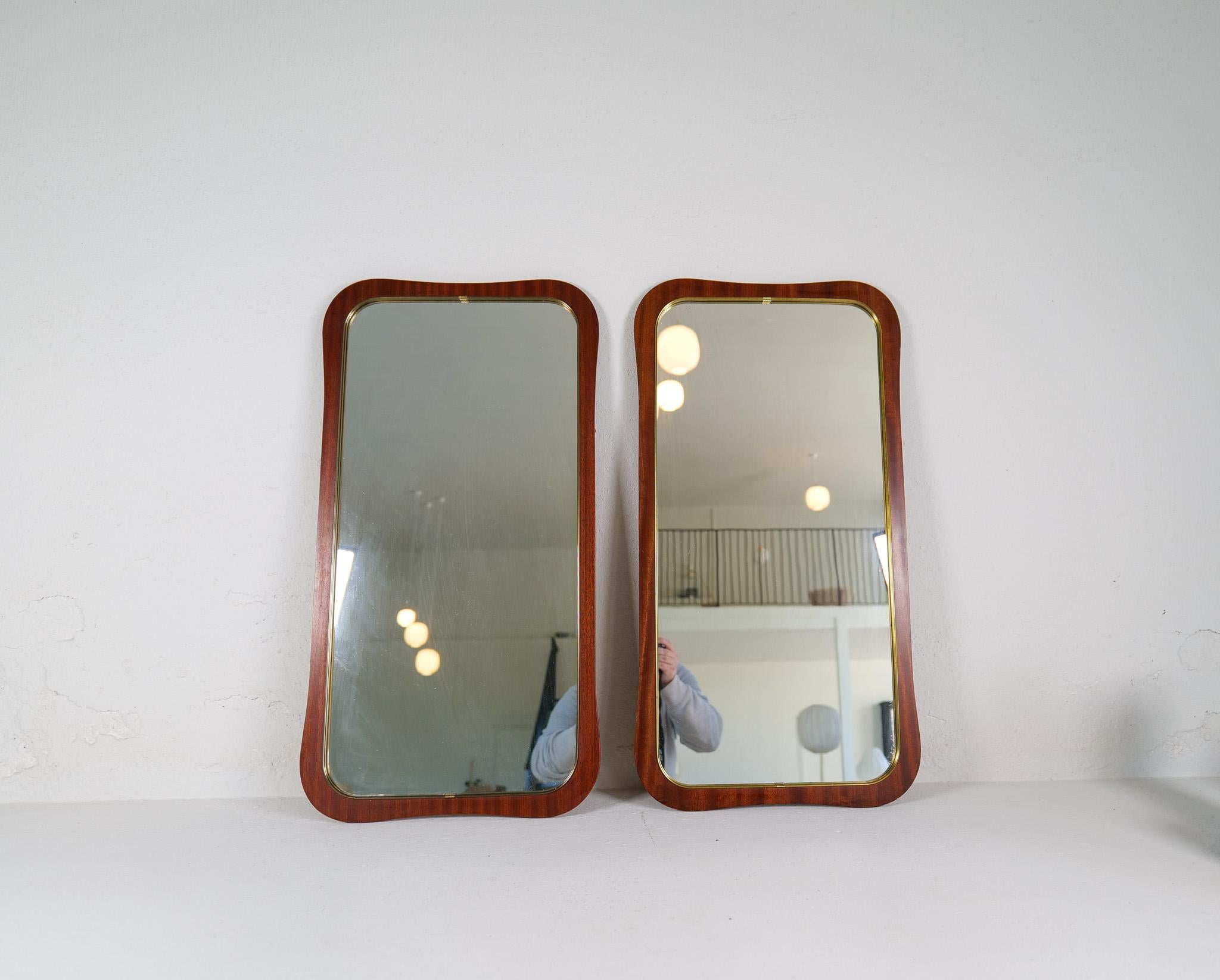 Swedish Midcentury Modern Pair of Wood and Brass Mirrors Sweden 1950s For Sale